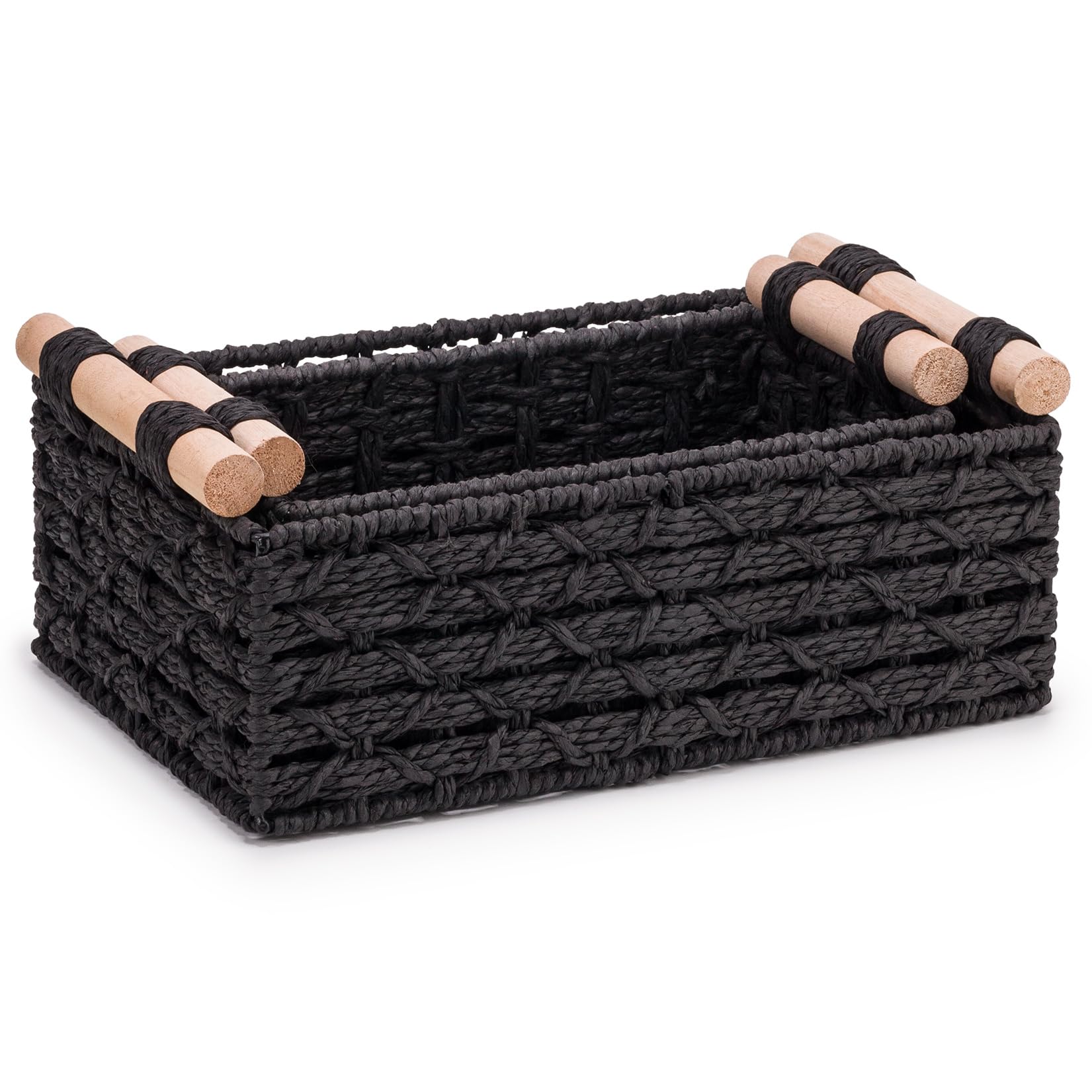 Woodluv Storage Basket for Shelves Set of 2, Hand-Woven Wicker Storage Hamper Basket Organiser with Handle, Black