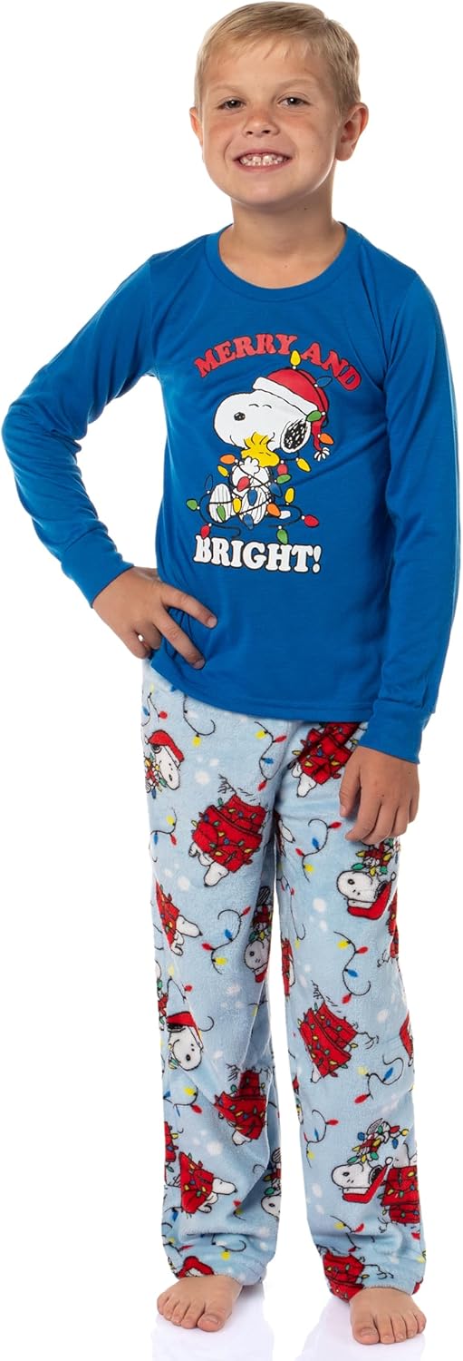 MJC Peanuts Christmas Pajamas Boy's Snoopy Merry & Bright Holiday AOP Fleece Pajama Kids 2-Piece Pajama Set (8, Small) - Image 2