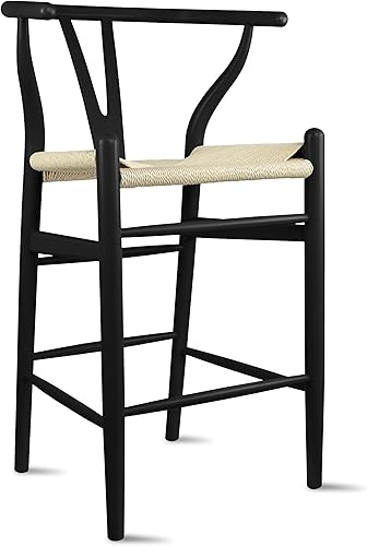 Miniatura 6 de 2xhome Taburete de bar Wishbone de estilo rústico con respaldo, asiento tejido oscuro, madera marrón, totalmente montado, individual, juego de 1