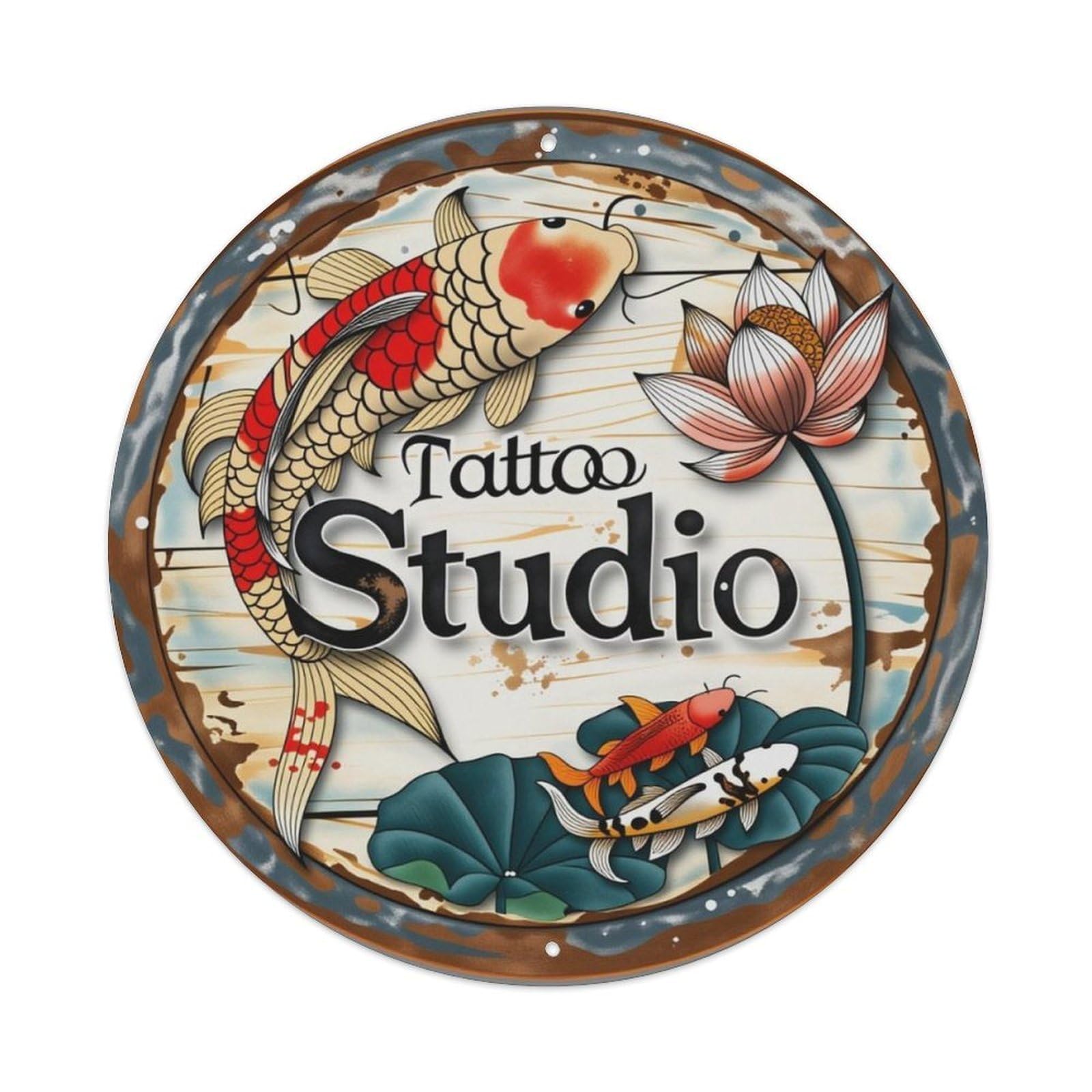Koi Lotus Tattoo Studio Vintage Round Decor Sign Vintage Aluminium Metal Sign, Retro Wall Decor for Home, Bar, Garage & Farmhouse 20x20cm
