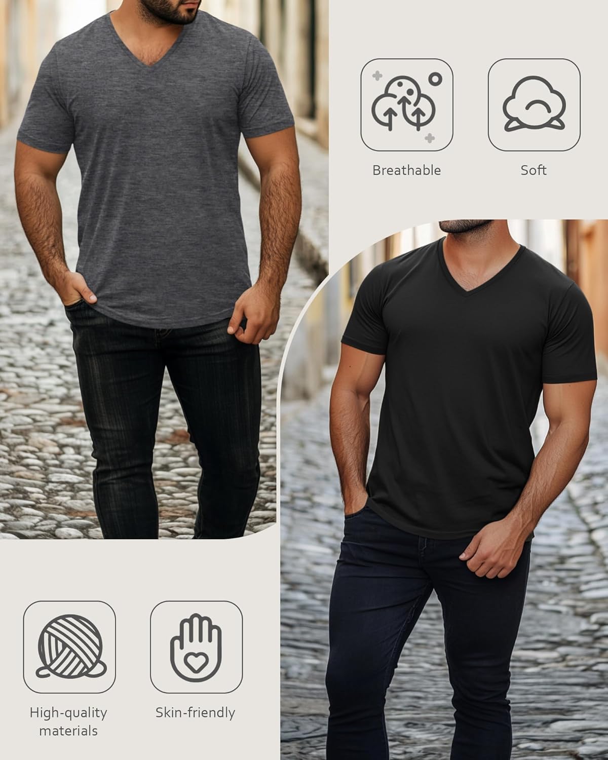 Ficerd 3 Pack Men's V Neck 95% Cotton T-Shirts M-7xl Big Tall Regular Soft Short Sleeve Basic 2025 Summer Clothes(Black, Dark Gray, Light Gray,XXL) - Image 7