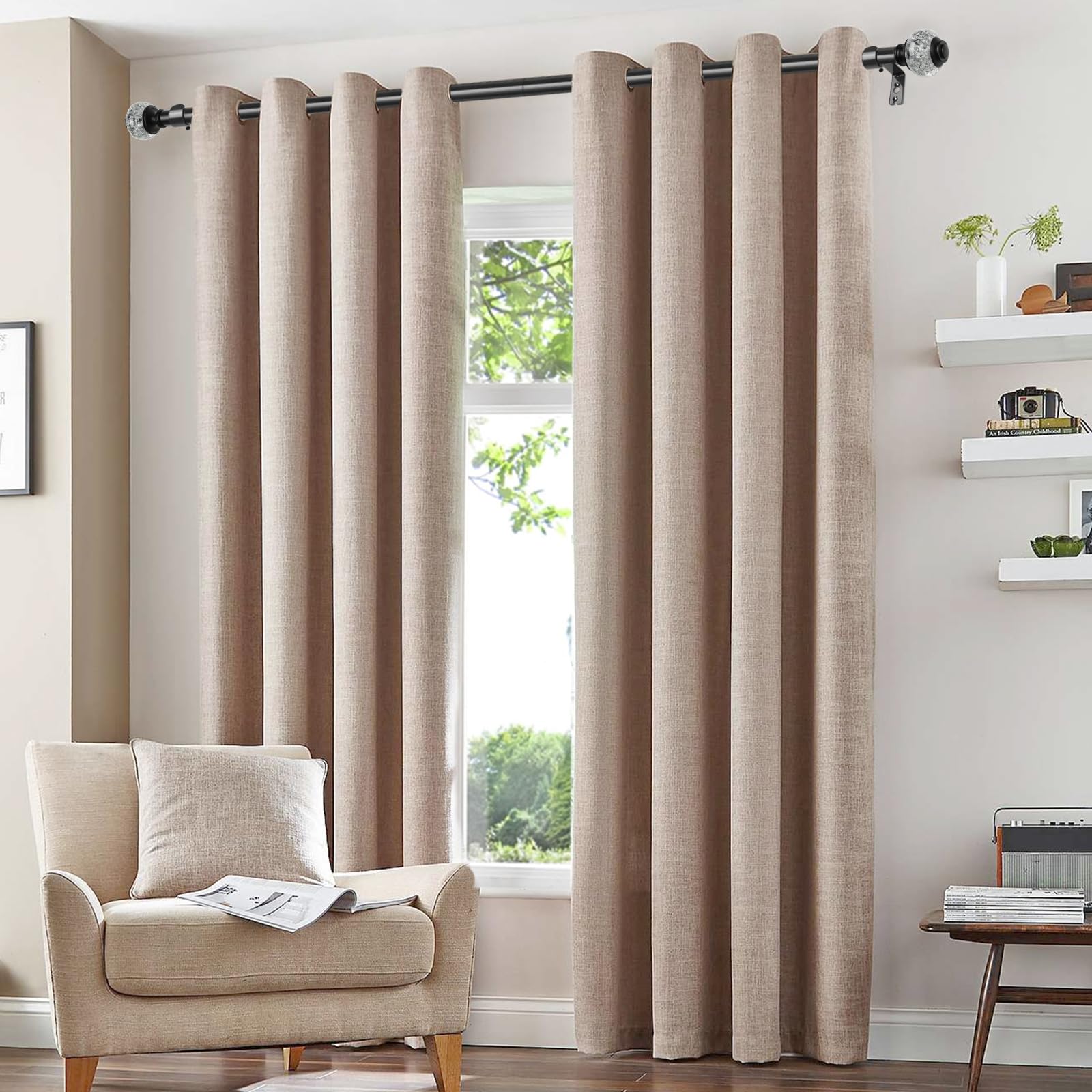 USFOOK Curtain Rods 32 to 115 Inch(2.6-9.6ft), 7/8 Inch Telescoping Splicing Drapery Rods for Windows, Black Decorative Translucent Finials