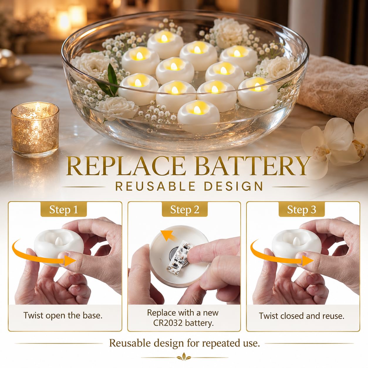 Confezione da 24 candele galleggianti a LED senza fiamma da 5,8 cm, candele galleggianti attivate con acqua, funzionamento a batteria, con oltre 180 ore di durata, per vaso cilindrico, piscina