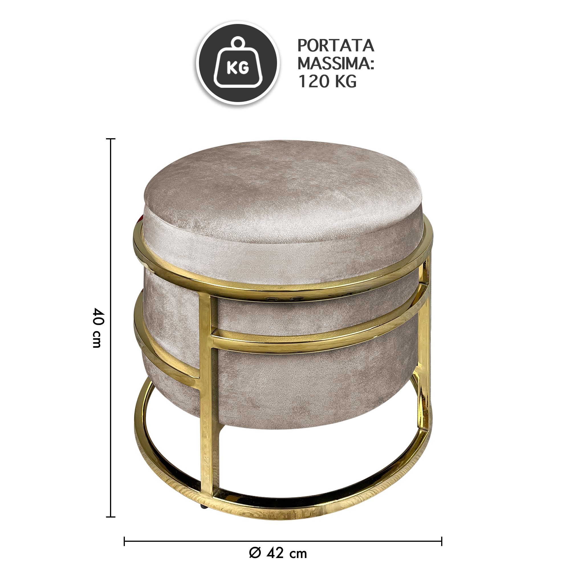 IlGruppone Pouf Contenitore Poggiapiedi Velluto con Struttura Circolare Cromata Oro Elegante Imbottito Sgabello per Toeletta Mobile Trucco Ottomano Ingresso Camera da Letto Rotondo - Tortora