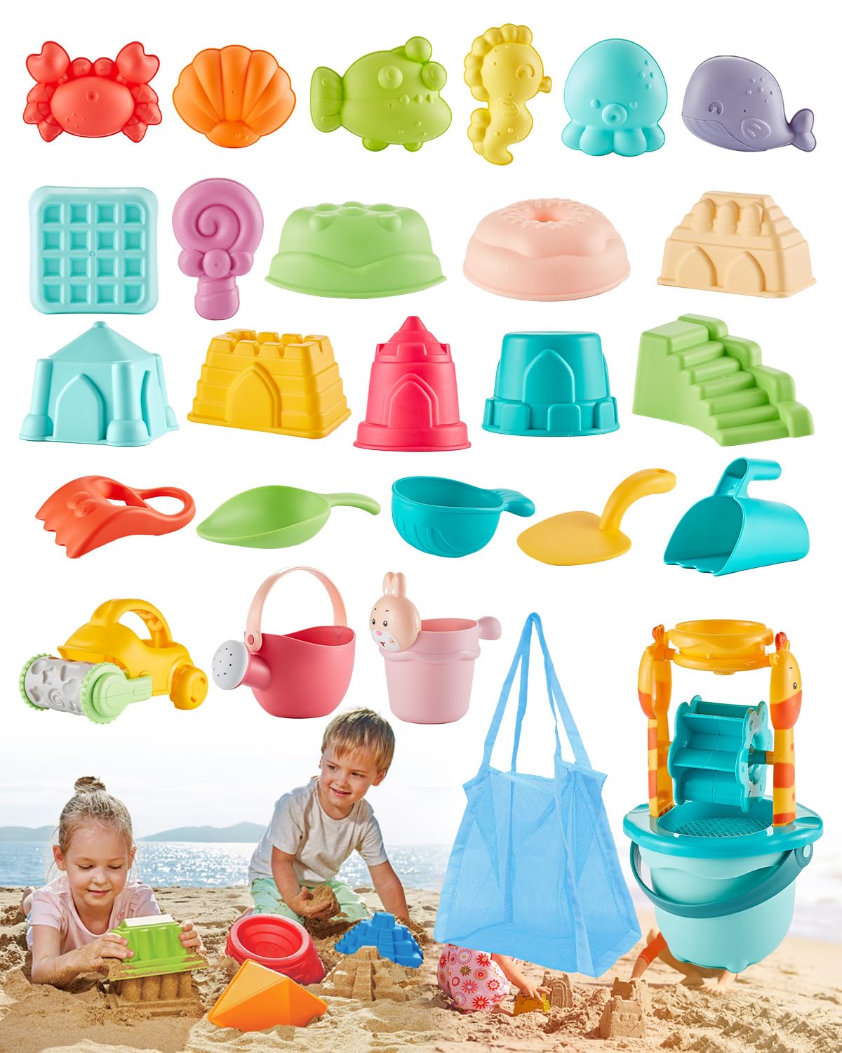 Beach Sand Toys for Kids 26 PCS Sand Bucket and Spade Beach Set, Play Sand Toys with Shovels, Sand Wheel Bucket and Sea Animal Molds, Outdoor Beach Toys for Toddlers Boys Girls Age 3 4 5, Colorful
