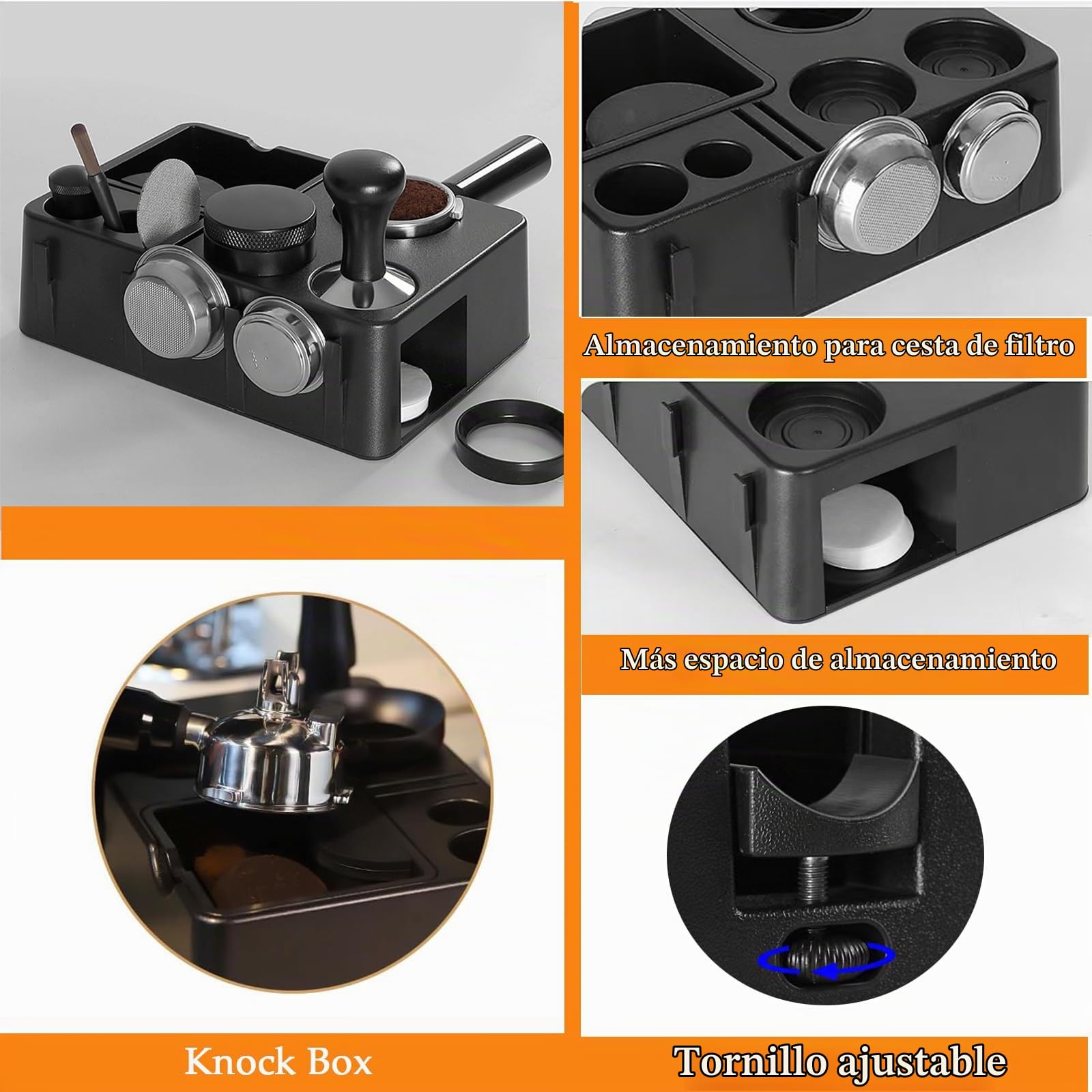 Estación de tamping café de 51 mm, 54 mm, 58 mm, para portafiltros, función 10 en 1, estación de tamping de para accesorios de barista, caja extraíble para espresso Knock Box (Black)