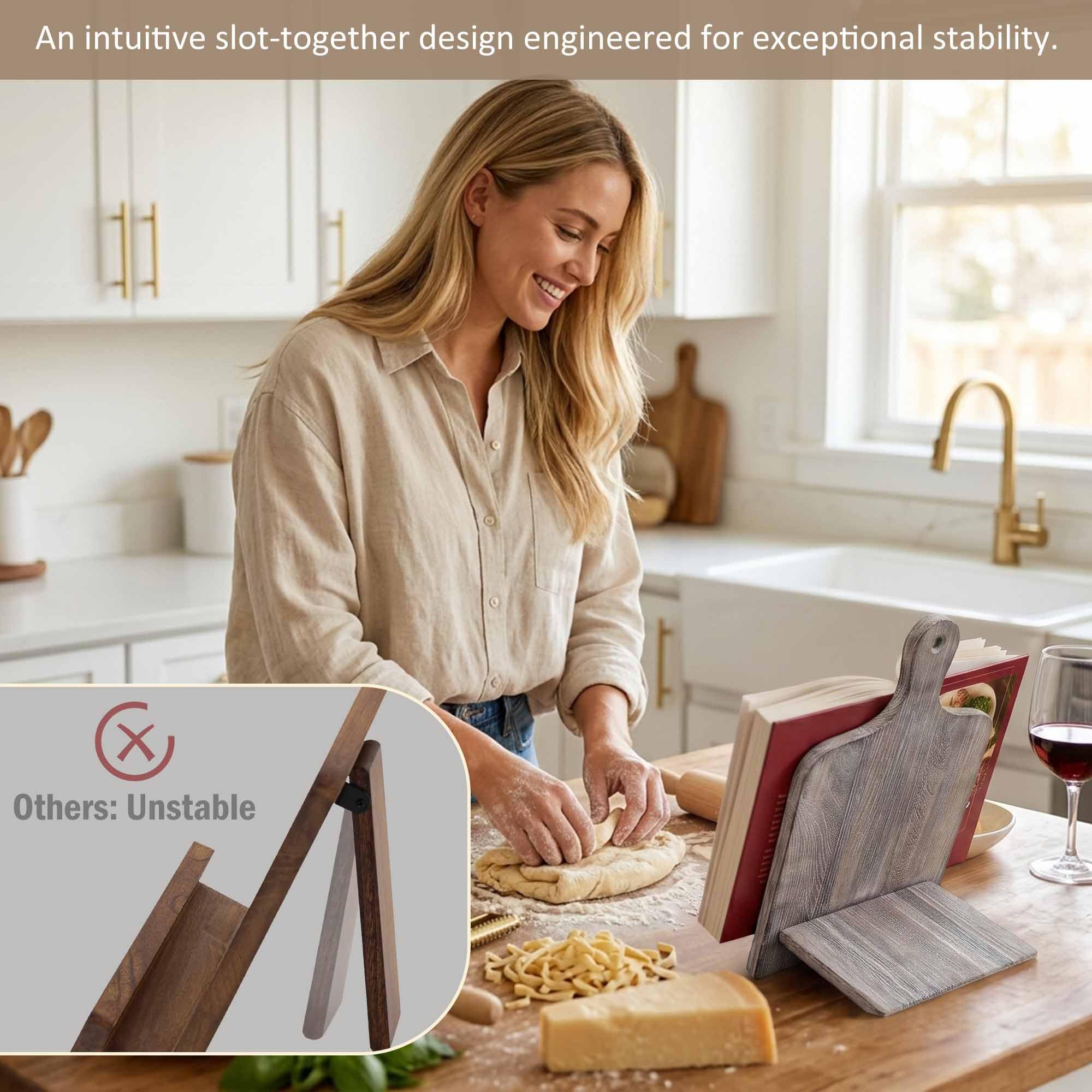 Soporte para libros de cocina Soporte para libros de cocina | Soporte para recetas de madera estilo tabla de cortar con soporte extraíble ajustable (gris)