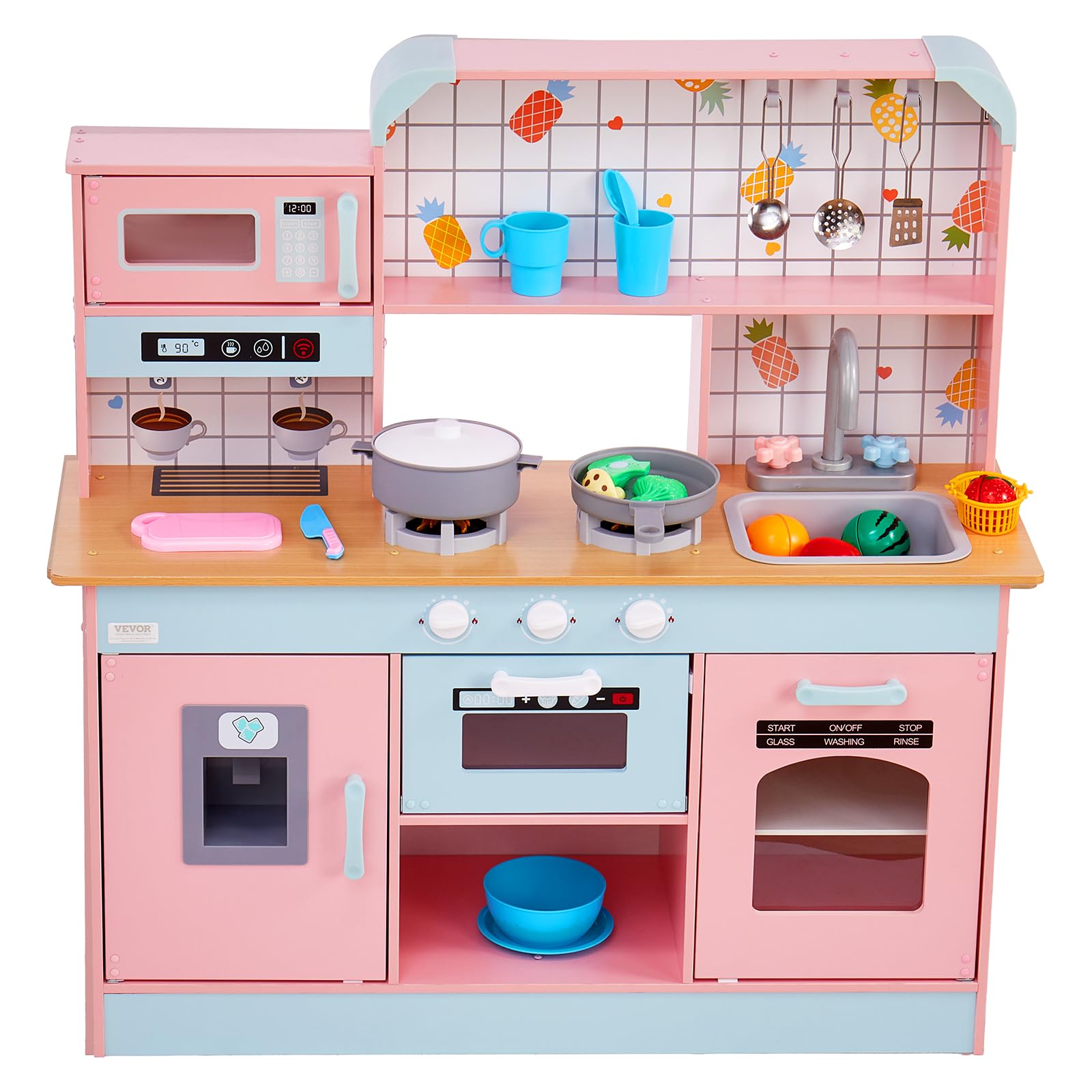 VEVOR Giocattolo Cucina per Bambini, Set Giocattolo da Cucina per Bambini in Legno con Luci Suoni Macchina per Ghiaccio Forno Lavello Microonde Frigorifero Utensili, Giocattolo Cucina, 24 pz, Rosa