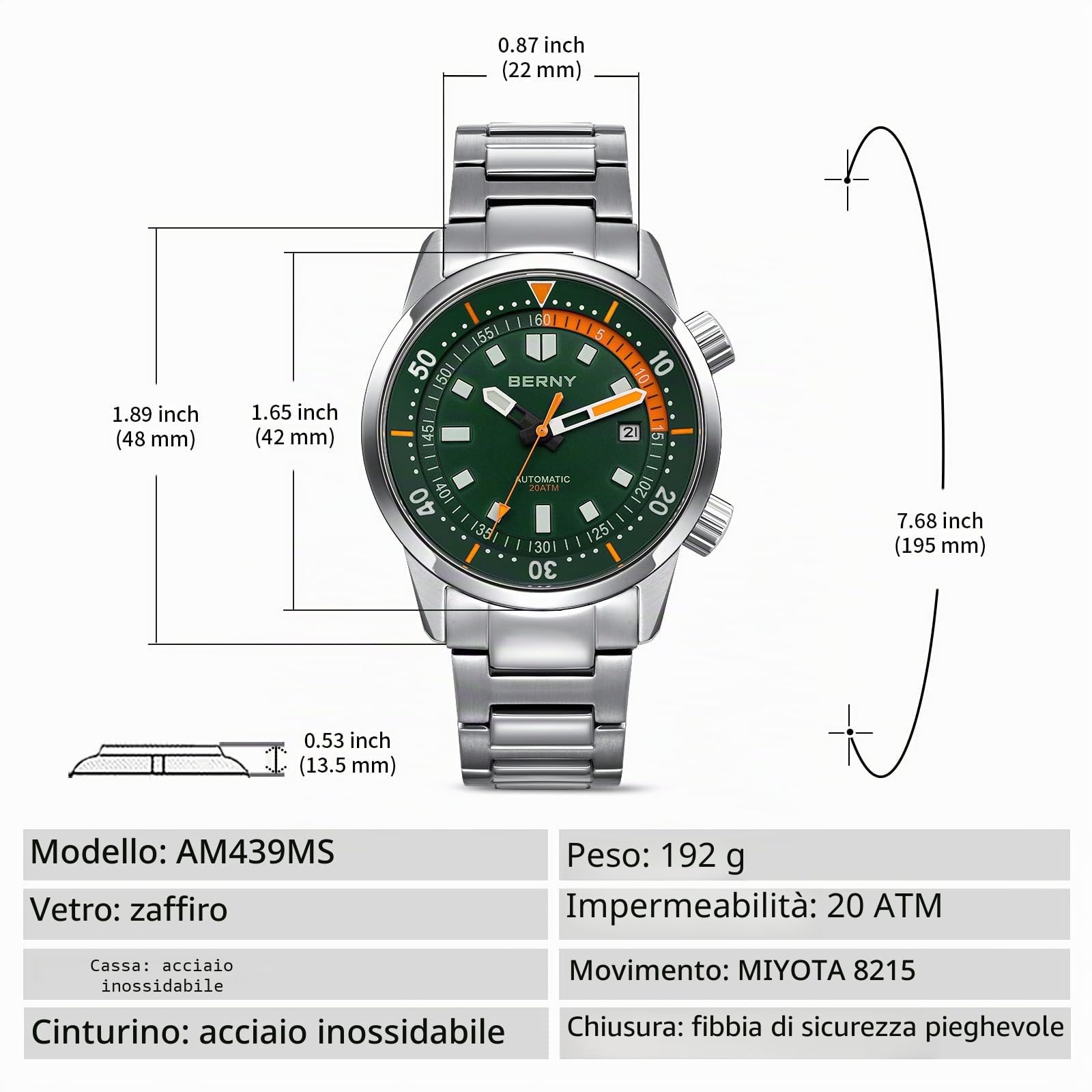 BERNY Orologio Automatico Per gli Uomini Diver Watch 20ATM Orologio da Polso Meccanico Vetro Zaffiro Confortevole in Acciaio Inox Watch Band Super Luminous Orologi Maschili