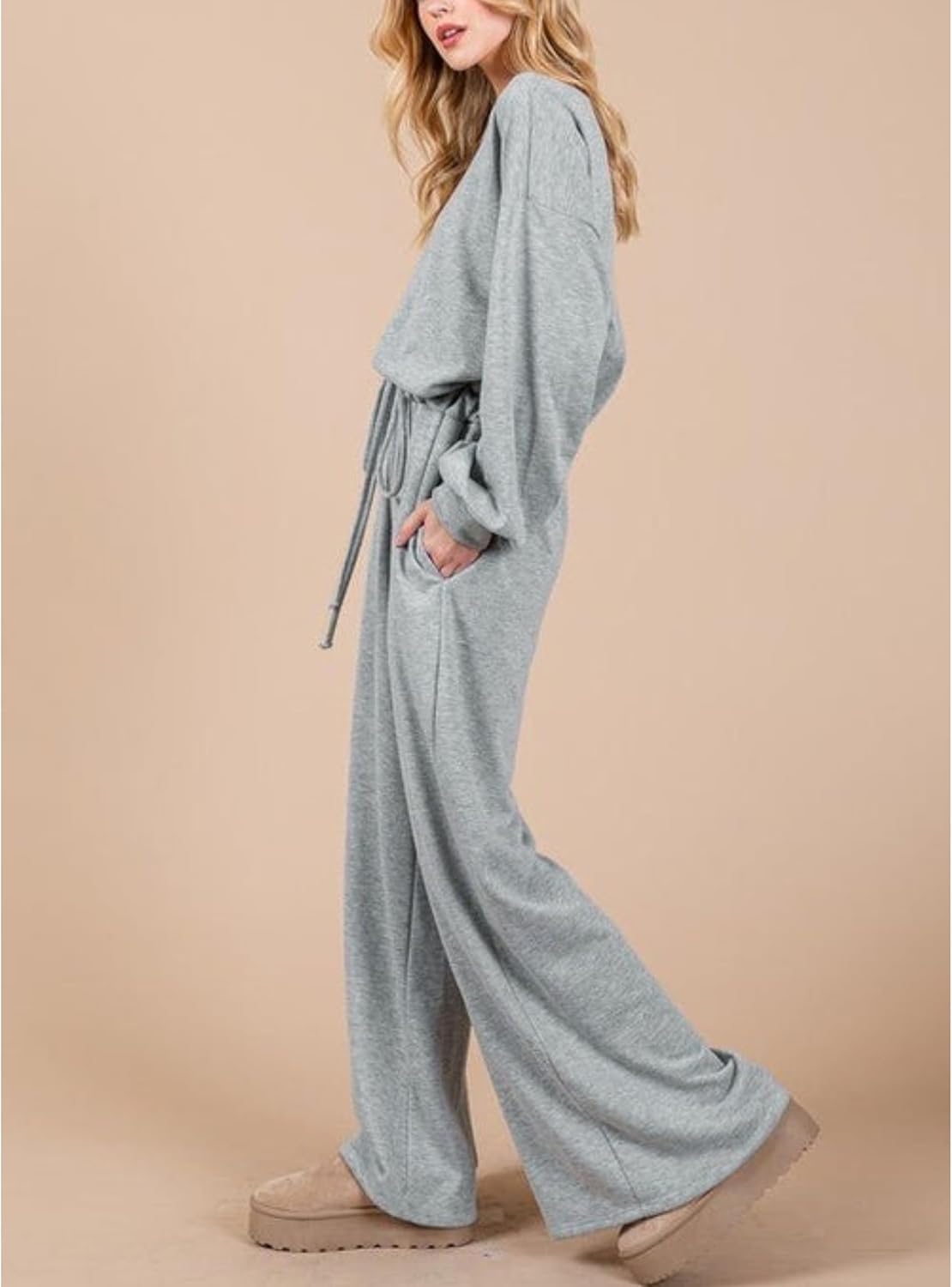 Dressy Jumpsuits for Women Long Sleeve Off The Shoulder Romper High Waist Drawstring Baggy Casual Overalls Grey XXL - Image 6