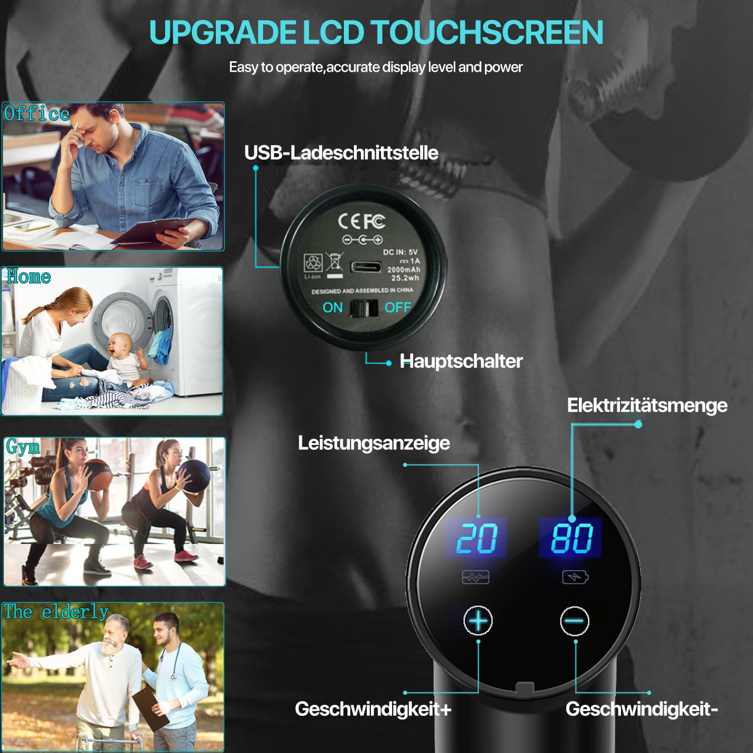 Massagepistole, tiefes Gewebe, Percussion-Rückenmassagegerät für Sportler, Muskelmassagepistole zur Schmerzlinderung, mit 8 Massageköpfen und 20 Geschwindigkeiten (mattschwarz)