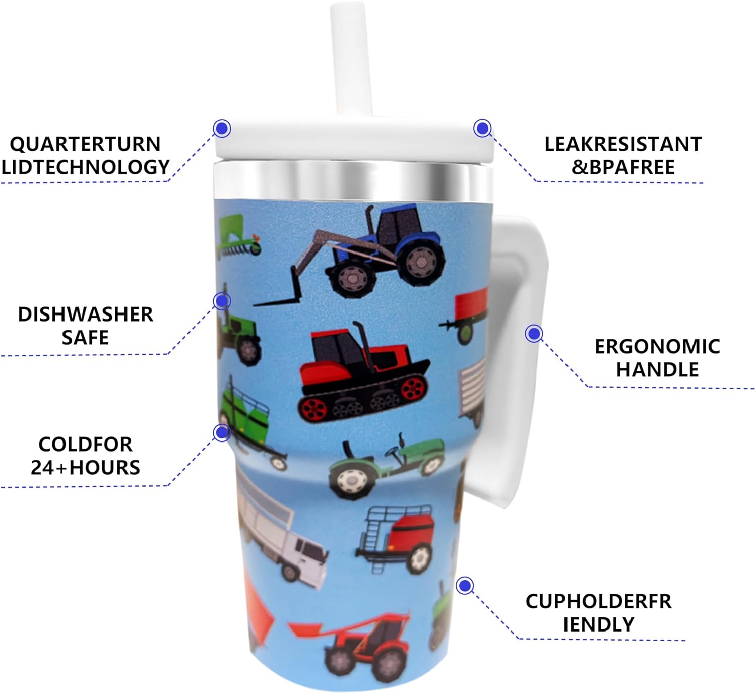 20-OZ Insulated Water Bottle,Insulated Stainless Steel Tumbler,Reusable Cold Drink Thermos,BPA-Free, Double-Wall Stainless Steel Water Bottle (Blue-Farm Vehicle, 20, Fluid Ounces) - Image 5