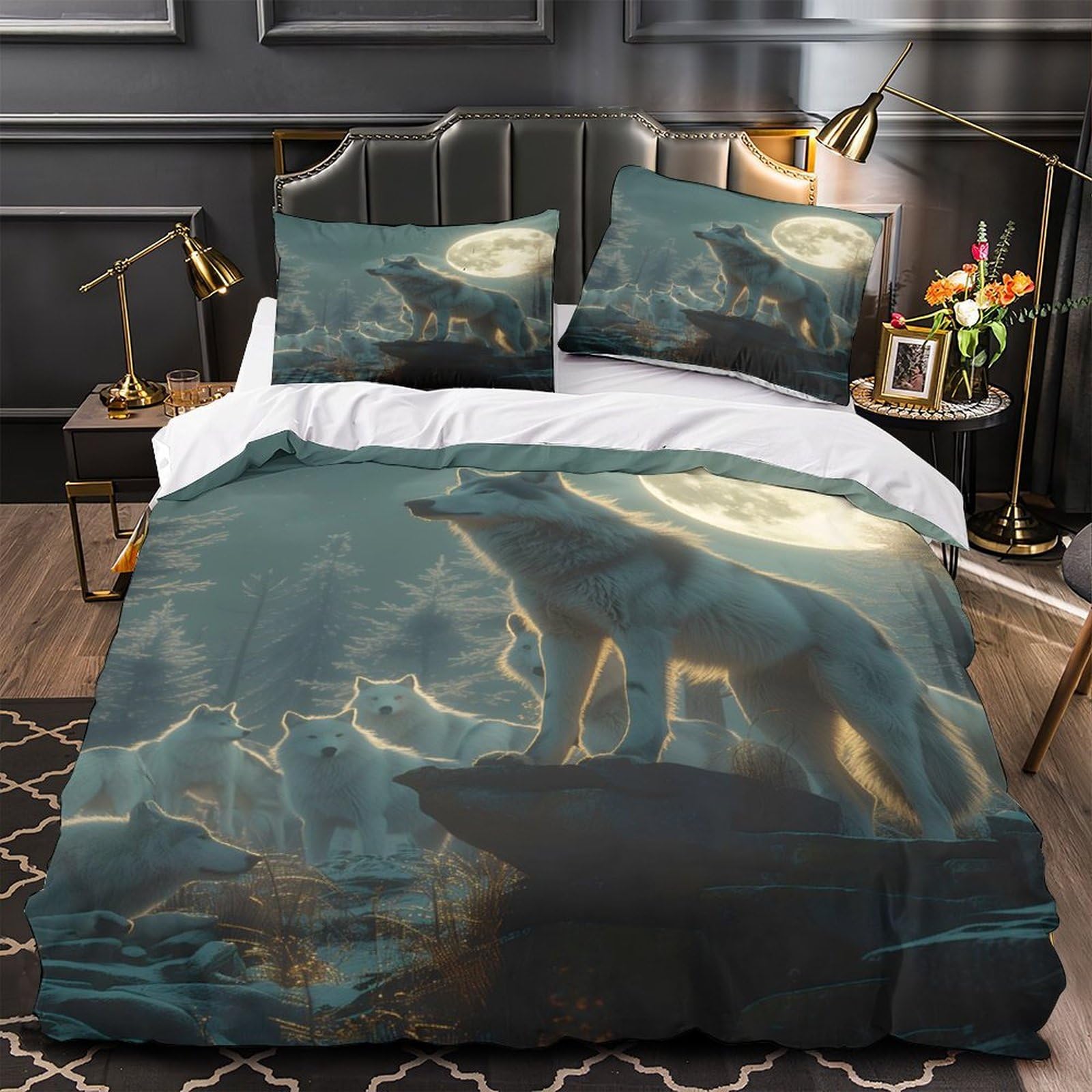 Housse de couette loup 260x220 parure de lit grand format imprimé animal sauvage