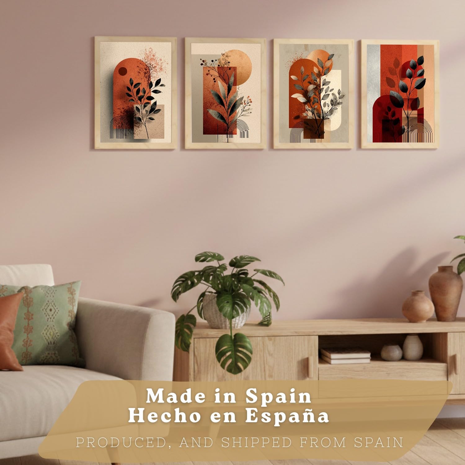 Nacnic Set De 4 Laminas Decorativas Flores Abstractas Cuadros Salon Modernos - Posters Decorativos Rojos Naranjas Decoración Dormitorios Cocina Baño A3 Marco Madera Clara