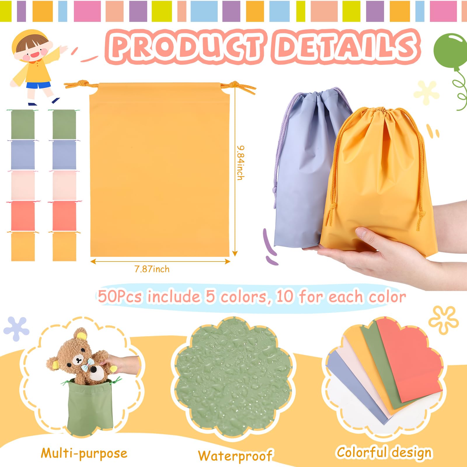 Locmeo 50 Stück Partygeschenktüten mit Kordelzug, Cello-Geschenktüten, sortierte Farben, Plastiktüten für Kinder, wiederverwendbare Geschenktüten für Geschenke