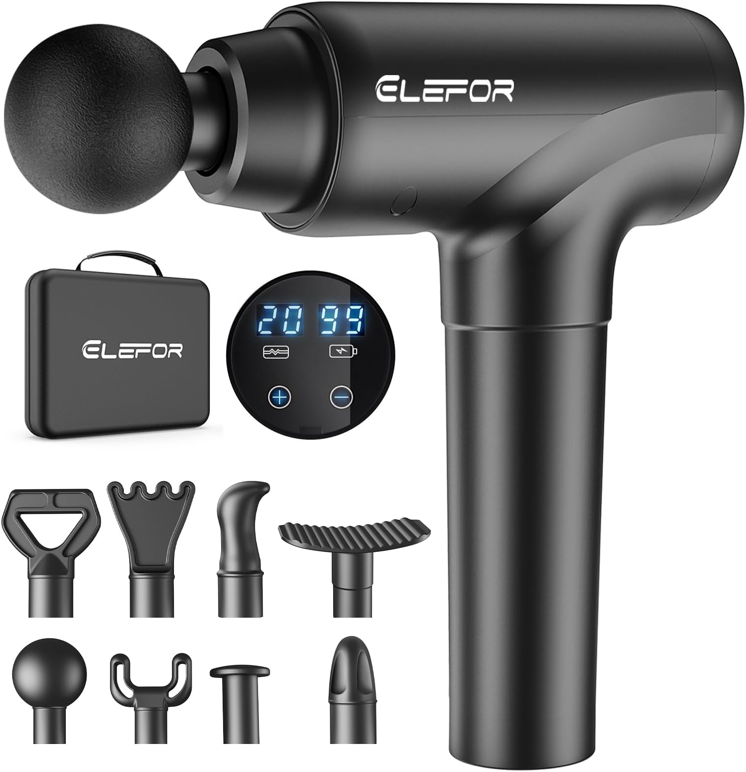 Elefor Massage Gun Deep Tissue,Percussion Back Massager Gun for Athletes Muscle Massage Gun for Pain Relief with 8 Massage Heads & 20 Speeds (Matte Black)