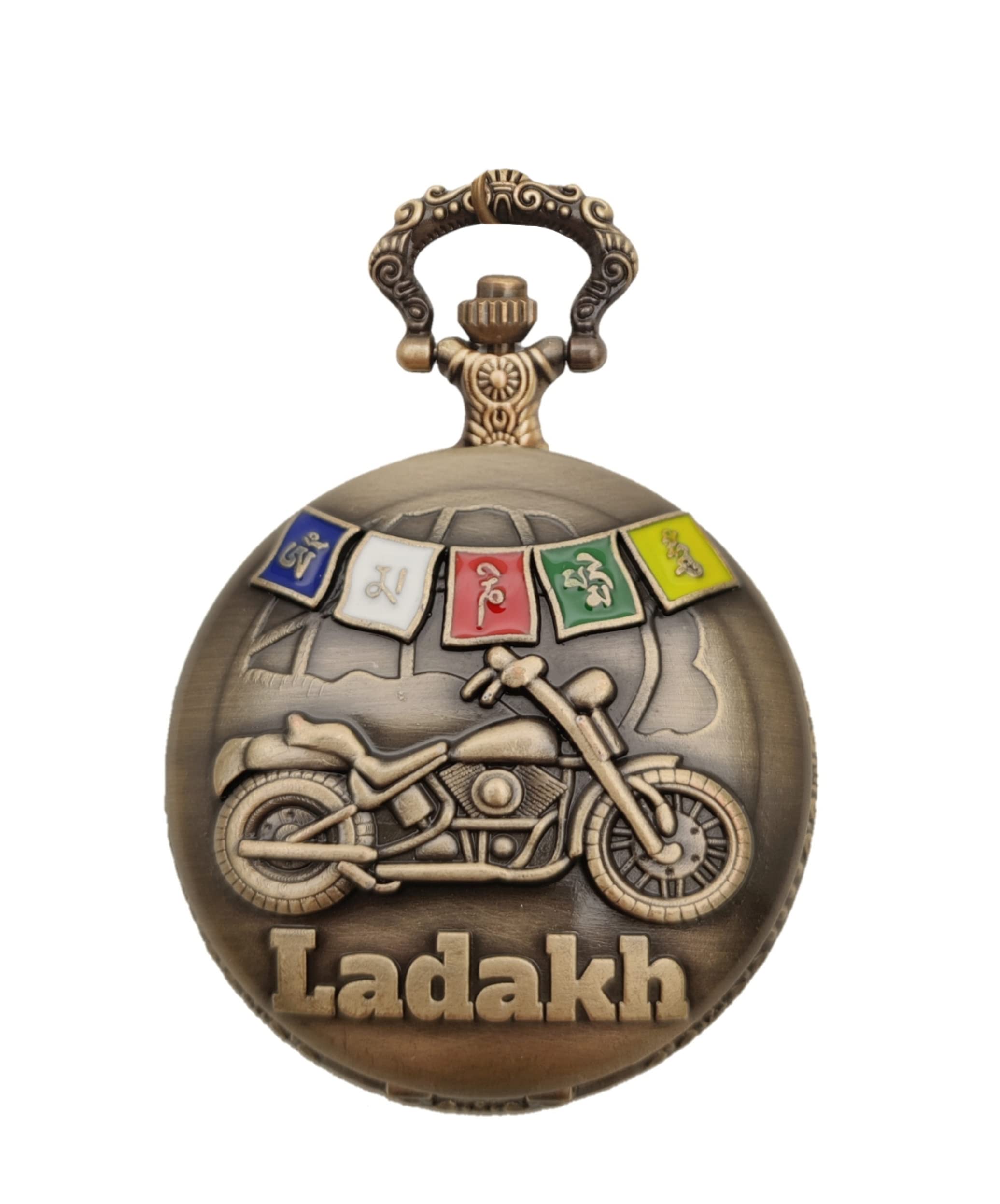 Tiny Tim Ladakh Bullet Bike Pocket Watch Keychain – Vintage Brass Travel Souvenir with Quartz Clock (Ladakh Bike)