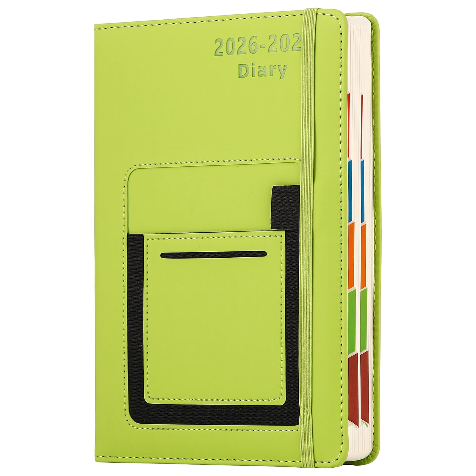 Academic Diary 2026-2027, Diary 2026-2027 A5 Page a Day from July 2026 to June 2027,Mid Year Academic Planner with Colorful Monthly Tab,Front/Inner Pocket,Elastic Closure (Green)