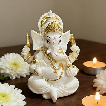 Indian God Lord Ganesha Statue,White Lmitation Glass Hindu Elephant Statue Ganpati Idol Buddha Sculptures,Hindu Gift,Home Temple Mandir Meditation Yoga Room Decor 3.55"