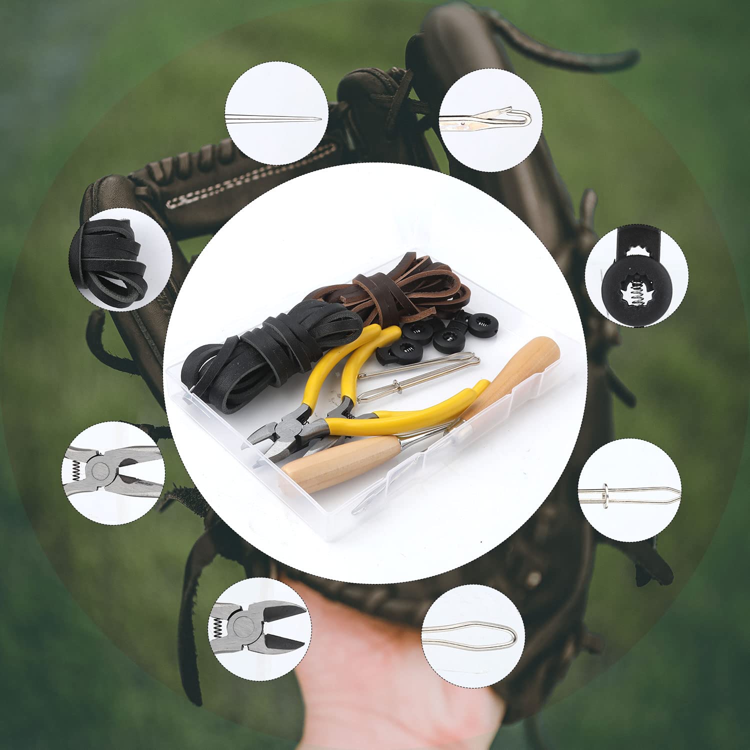Luter 12pcs Kit de Réparation de Gant de Baseball, Dentelle kit de Cordon pour Gants de Softball Comprenant des Bandes Un Enfileur de Dessin des Verrous de Gant avec Une Boîte d'Accessoires De Gant