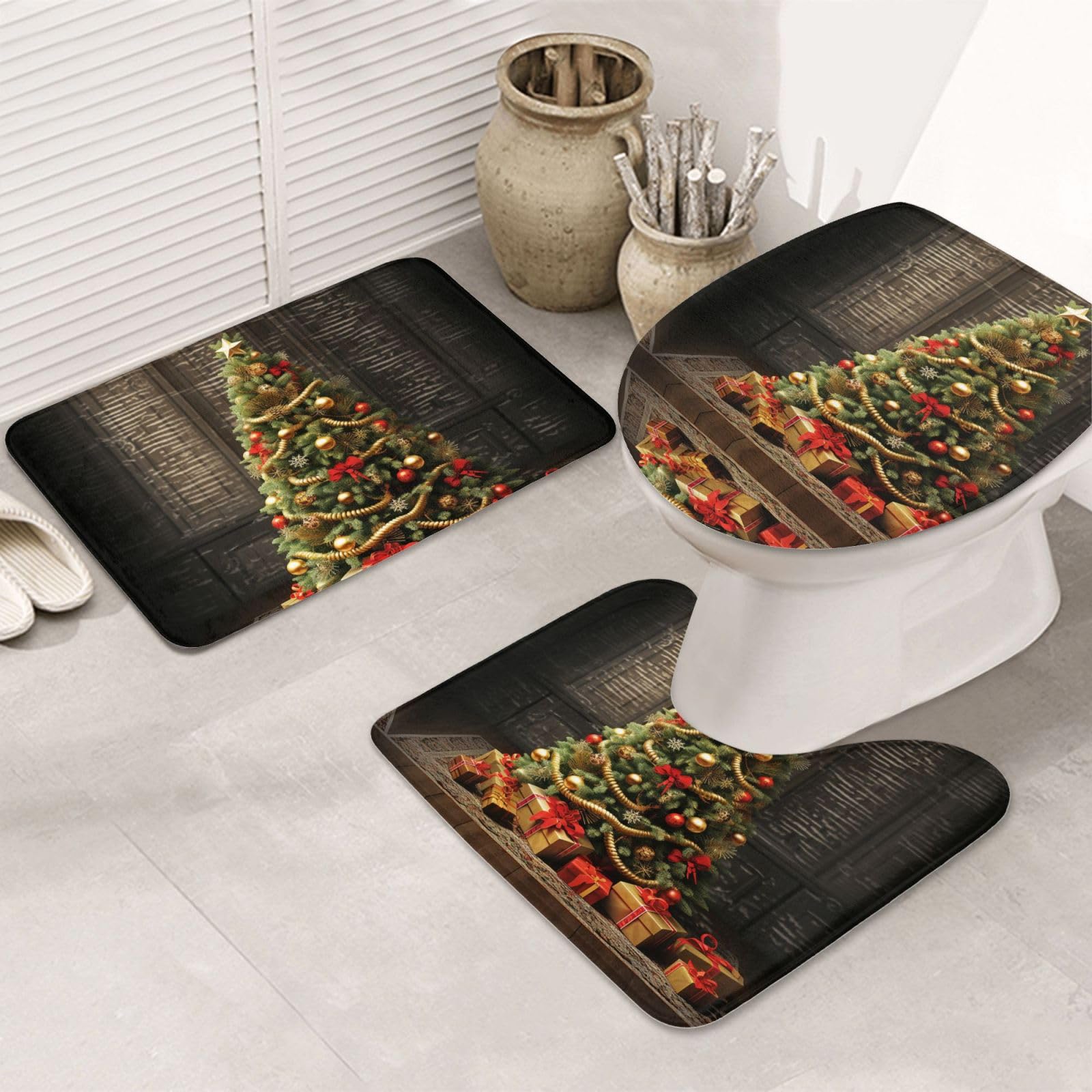 Dwrepo Christmas Tree Print Bathroom Rug Set 3 Piece with Non-Slip U-Shaped Contour Mat and Toilet Lid Cover for Bathroom Decoration