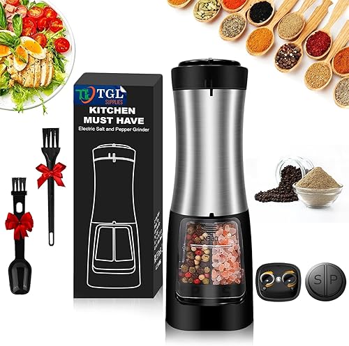 TGLS - Molinillo eléctrico de sal y pimienta 2 en 1, molinillo de sal y pimienta real, molinillo de sal eléctrico a batería, molinillo de sal