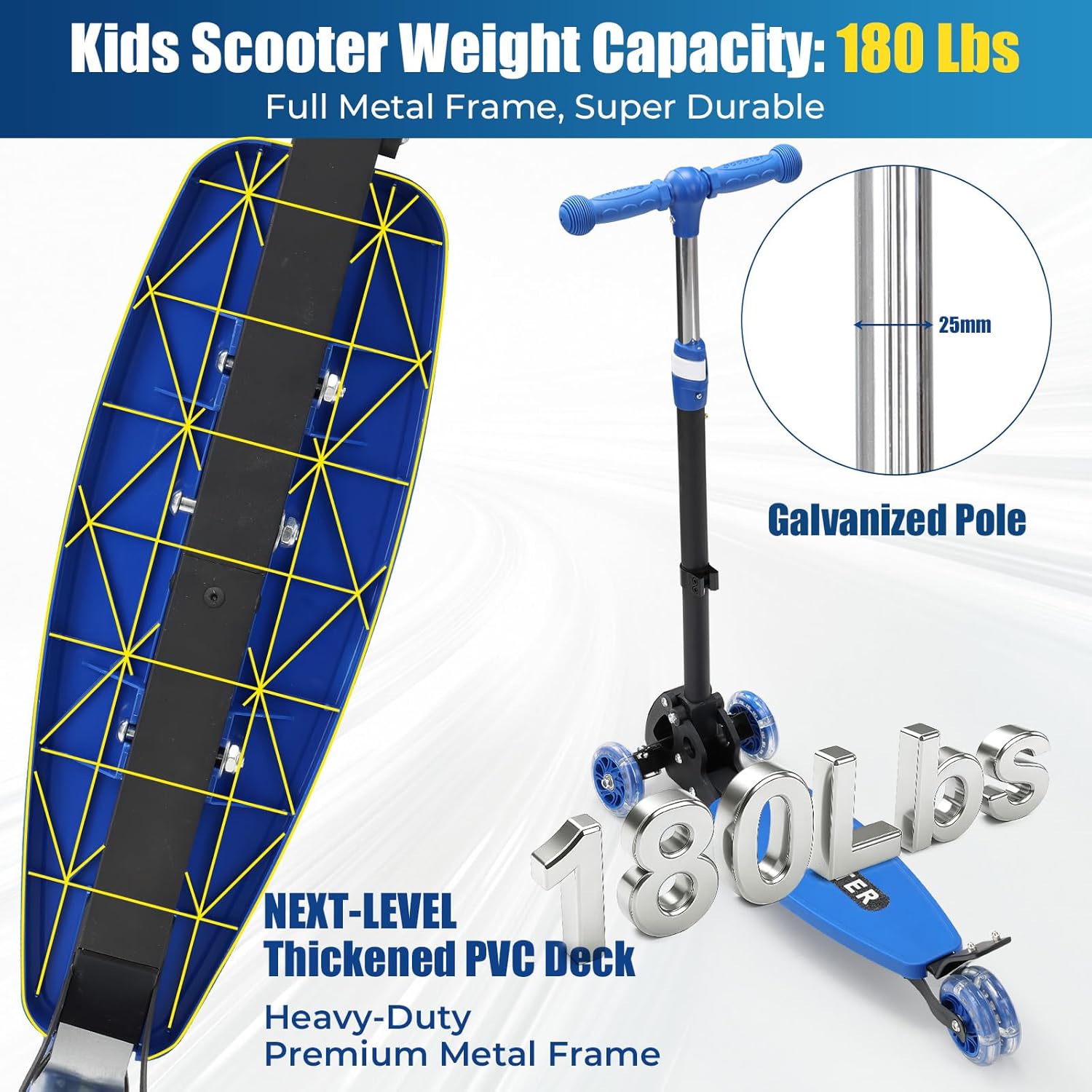 3 Wheel Scooter for Kids Ages 6-12, LED Light-Up Kids Kick Scooter–Portable Foldable, Adjustable Height, Durable Metal Construction, 6" Extra Wide Deck for Outdoor Activities,Child Safety Certified