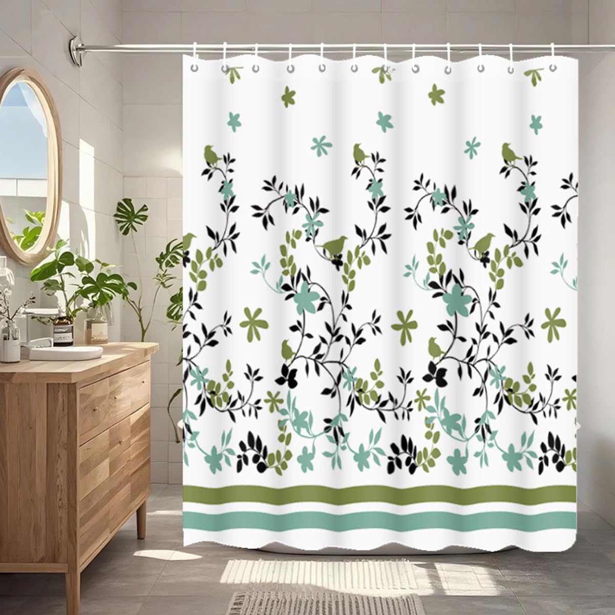 Rideau de douche moderne 180x180 cm en PEVA épais motif plantes vertes