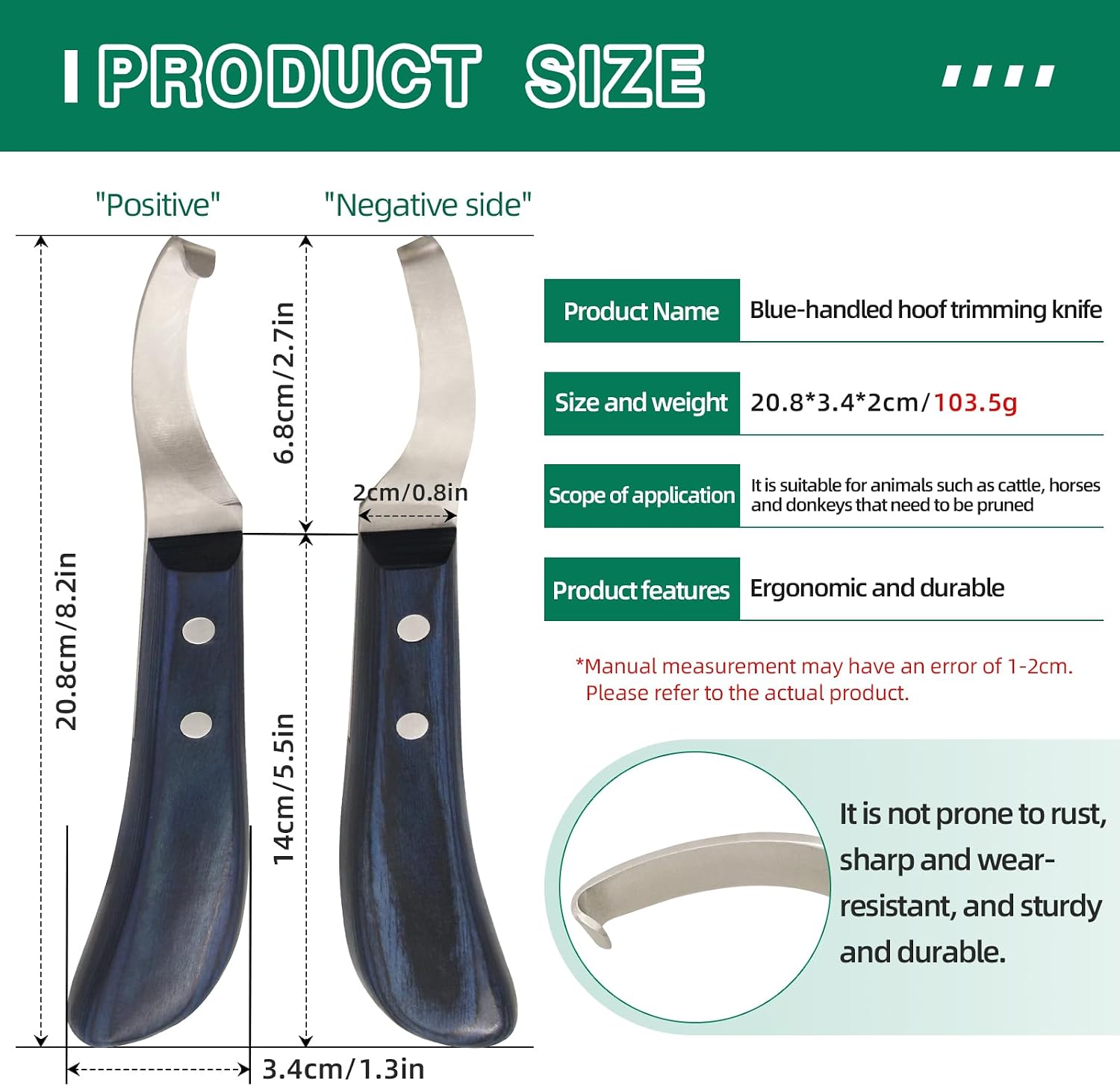 Right-Handed Hoof Knife - Ultra-Sharp J2 Steel Blade Ergonomic Non-Slip Wooden Handle for Trimming Horse, Cow, and Goat & Livestock Hoof Care