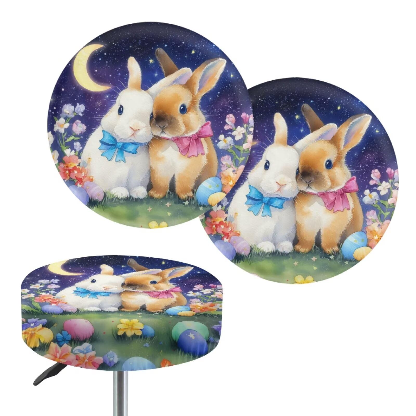 Wanyint Round Stool Covers Washable Stretch Irish Bar Stool Seat Cover 14"-16" Dustproof Stool Seat Slipcover for Easter Decor, 2 Count, Easter Bunny Egg Galaxy — image 1