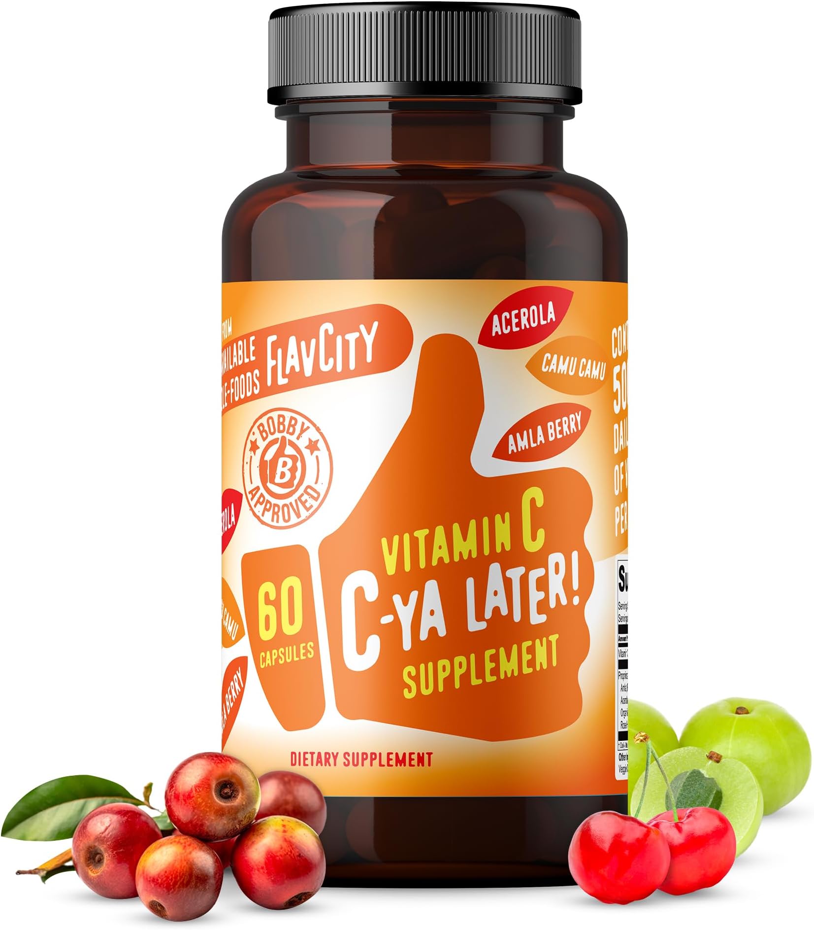 FlavCityVitamin C Supplement, C-Ya Later- Dietary Supplement for Immune Support Derived from Bioavailable Sources of VIT C - Made with Acerola, Camu Camu & Amla Berry - 60 Capsules