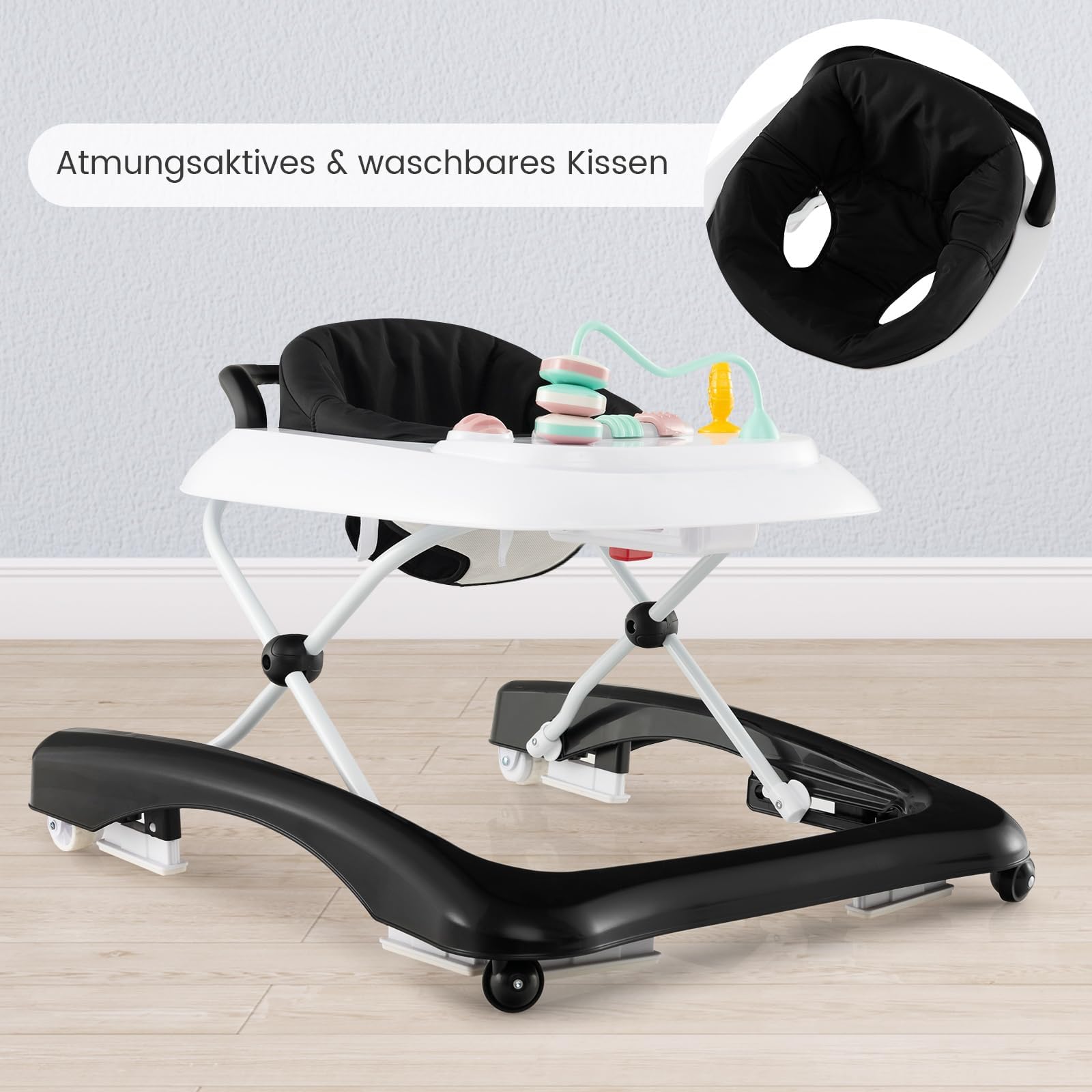 COSTWAY 3 in 1 Lauflernhilfe klappbar, Lauflernwagen mit verstellbarer Höhen & Geschwindigkeit, Baby Walker mit abnehmbarer Spielplatte, Laufwagen gehfrei Baby ab 6 Monaten (Schwarz)