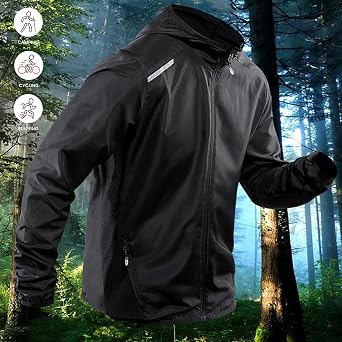 Mens Windbreaker Jackets Lightweight Breathable Packable Outdoor Cycling Running Jacket With Hood Gym