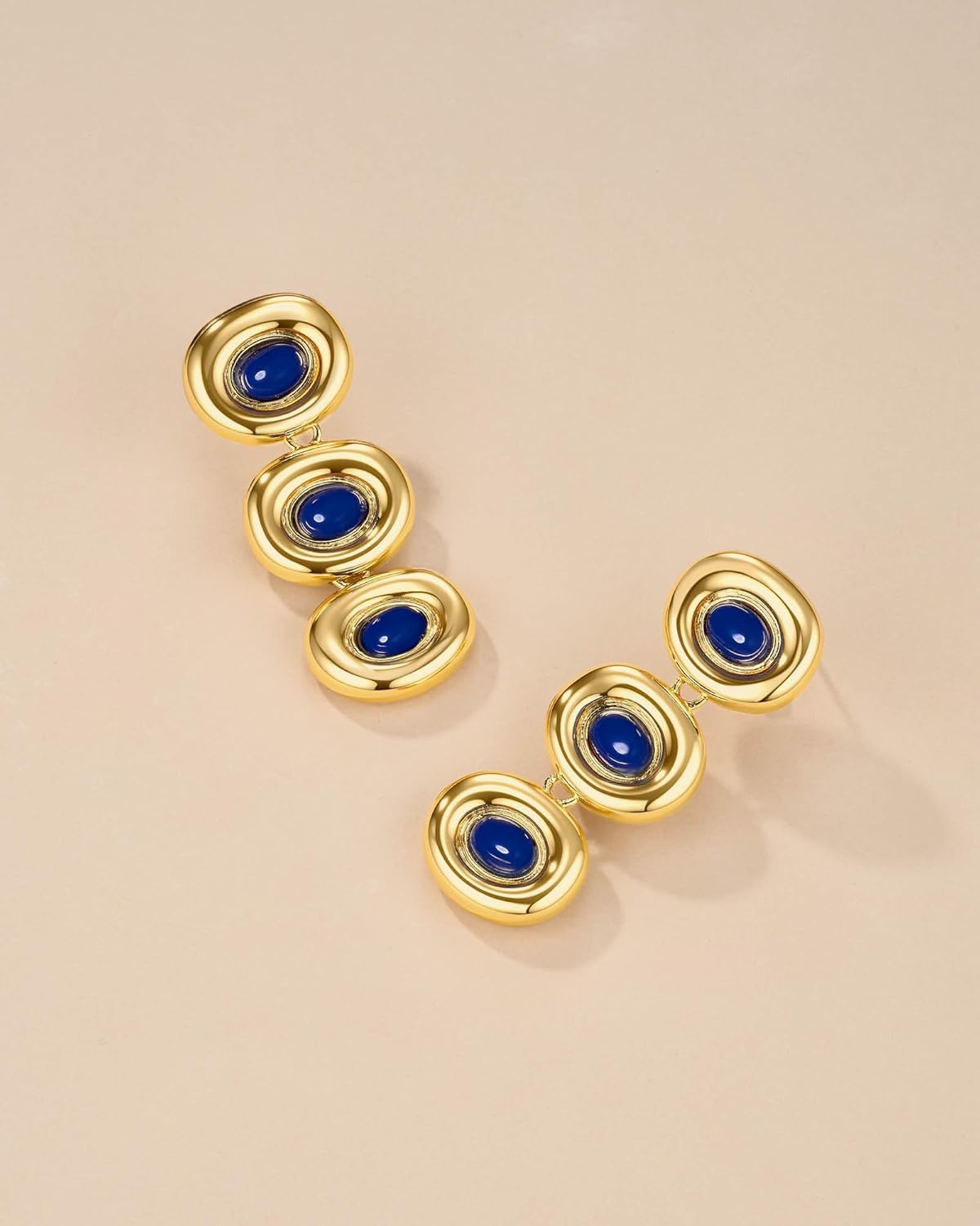 18K Gold Plated Blue Circular Round Oval Lapis Lazuli Resin Gemstone Long Dangle Drop Statement Earrings for Women by SNGIA, Chunky Vintage Retro Boho Bold Handmade Natural Exaggerated Trendy Bohemian Jewelry Gifts, Unique Baroque Dangling Stone Summer Beach Fashion Stud Earrings Accessories, Nickle Free Huggies Earrings - Image 6