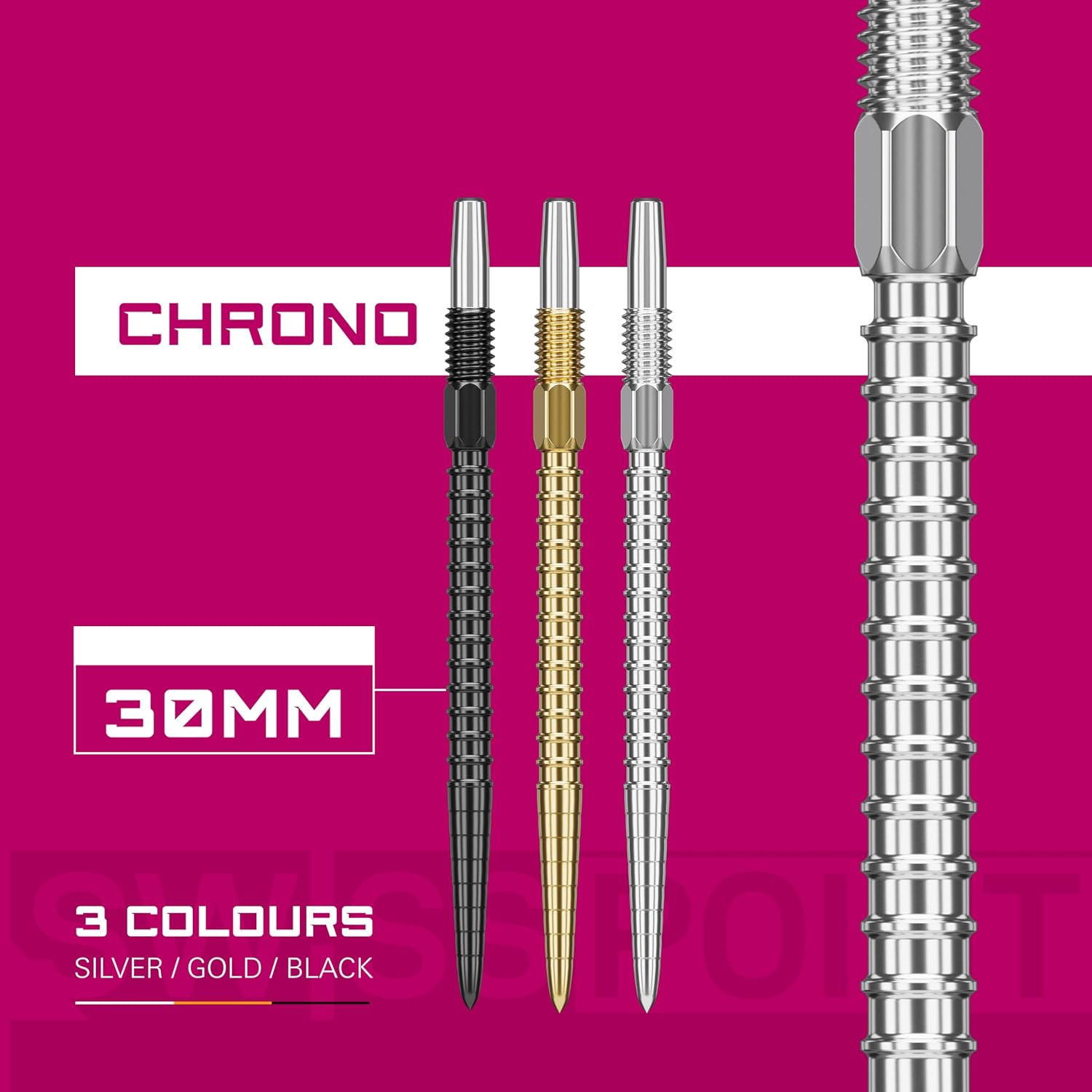 Target Darts Swiss Point Dart Points, Chrono (3 Pack Set of Tips) 26MM/30MM/35MM/40MM – Gold/Silver/Black | Change Dart Points, Swiss Storm Points, Professional Darts Accessories