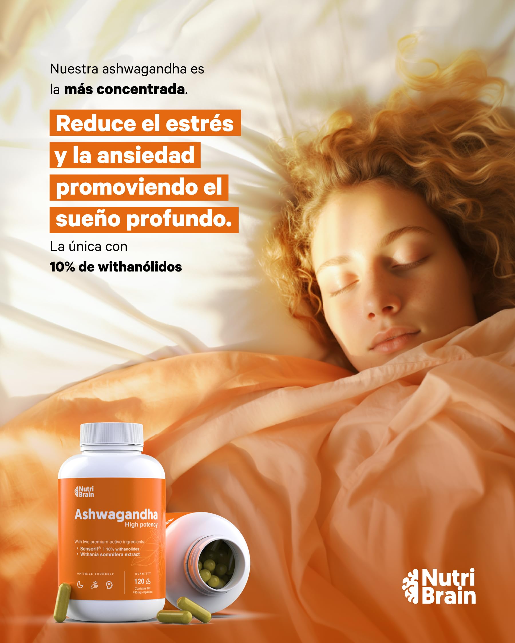 Ashwagandha Alta Potencia: Adaptógeno con Sensoril® (10% Withanólidos) | Sueño Profundo, Estrés, Bienestar, Concentración | 120 cápsulas | 4 Meses | 2x Más Concentrado que Ashwagandha KSM-66|Lote