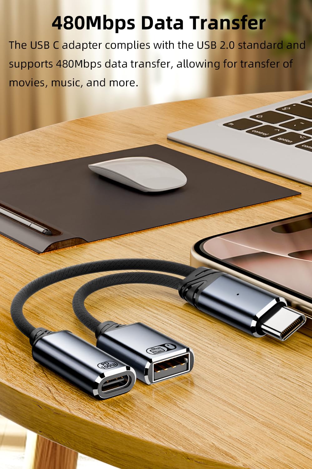 Jadebones Kabel USB C na USB OTG i adapter ładowarki, rozdzielacz USB-C 2 w 1 z szybkim ładowaniem 100 W do iPhone'a serii 16/15, iPada, MacBooka, Galaxy S24/S23 i innych