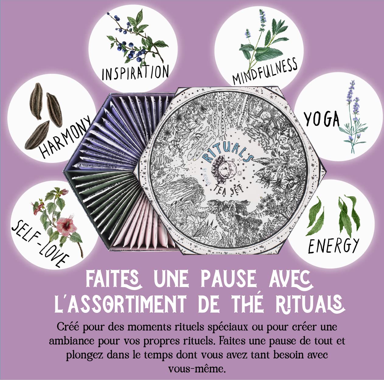 ACORUS | Assortiment de thé Rituals | Coffret cadeau de 6 paniers à thé naturels assortis | Créez vos rituels quotidiens | Grande boîte de sélection | 60 sachets de thé