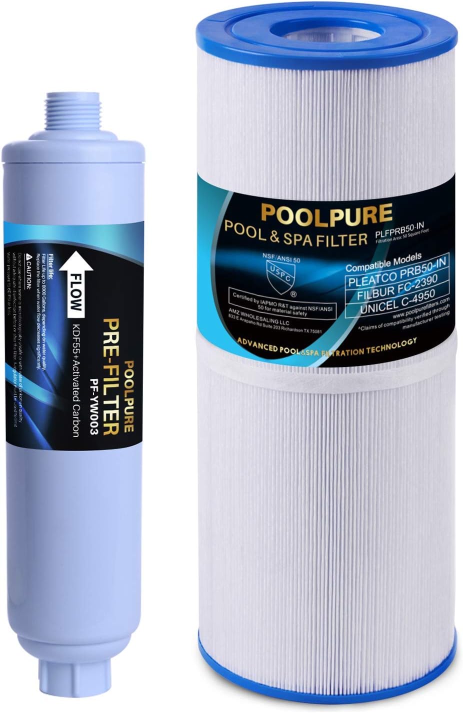POOLPURE Garden Hose End Pre Filter and PRB50-IN Replacement Spa Filter Suit, Compatible with Unicel C-4950, Filbur FC-2390, 03FIL1600, 17-2380, Jacuzzi J200 Series Filter, 373045, 5X13 Drop i