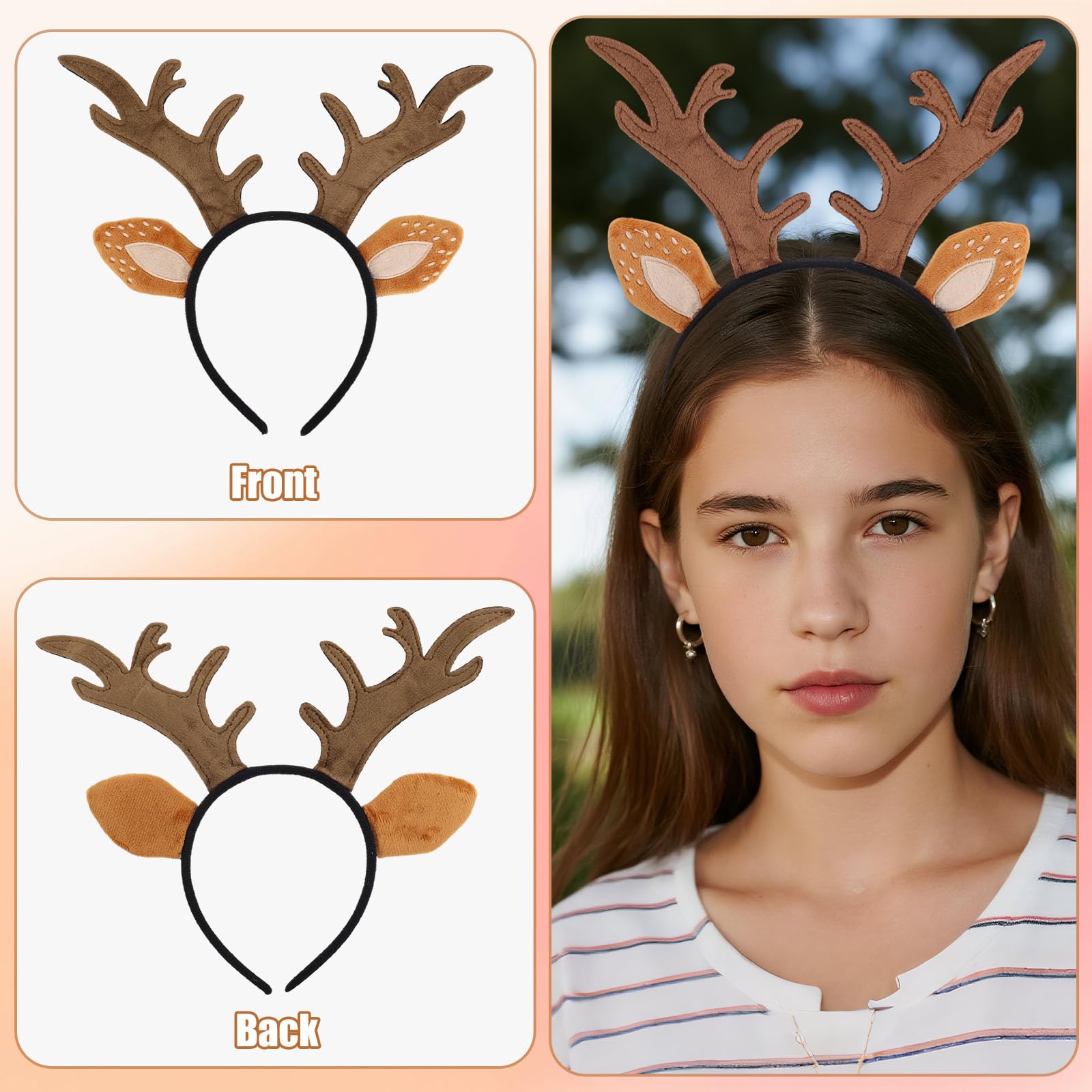 Goktvai Deer Antler Headband for Adults Women Cute Deer Headband with Realistic Horns & Ears Funny Reindeer Costume Accessories for Halloween Christmas Cosplay Party Supplies - Image 3