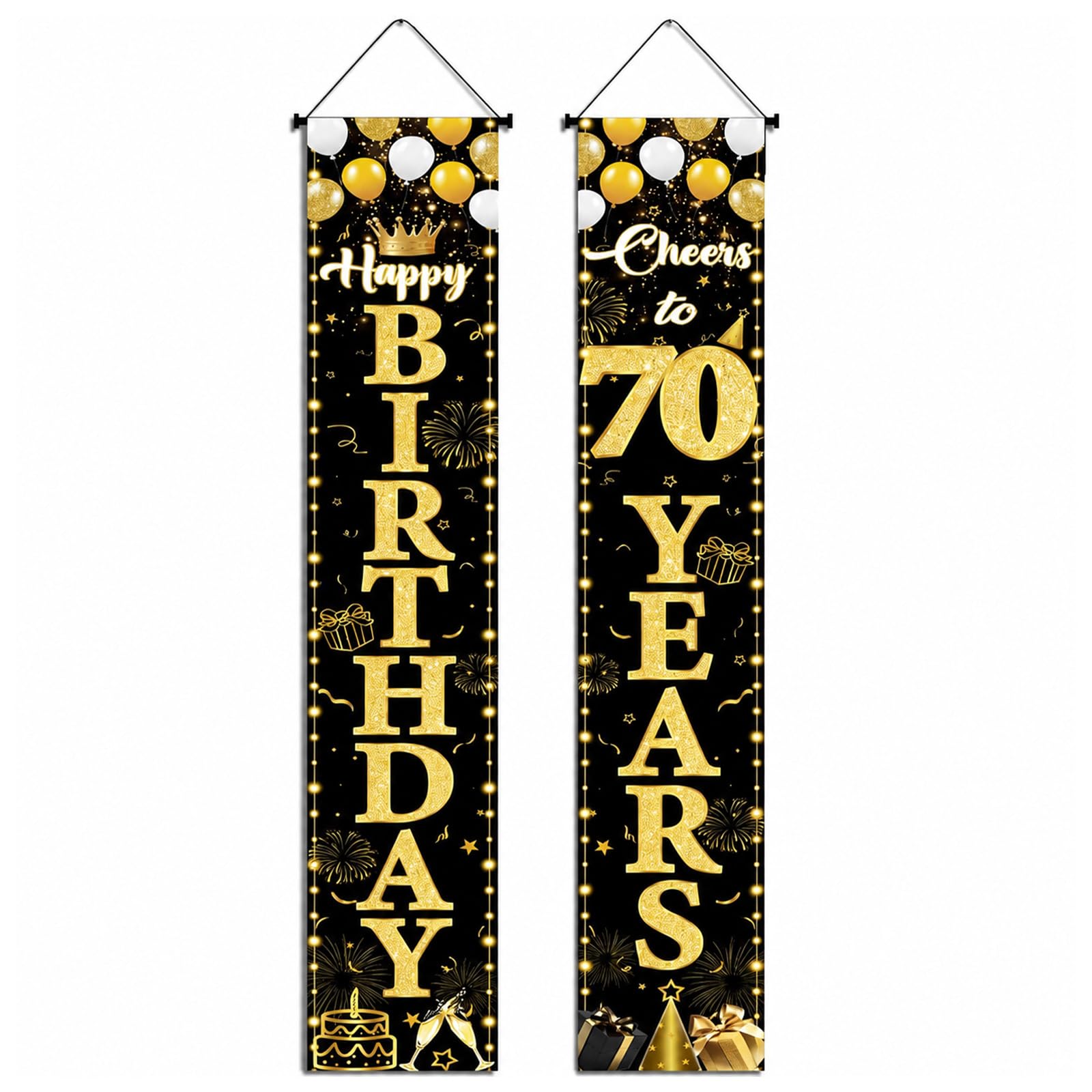 Black & Gold 70th Birthday Decorations Banners, Polyester Happy Birthday Banner with Hanging Ropes for Easy Installation, Memorable Party Atmosphere Decorations for Doorframe and Wall