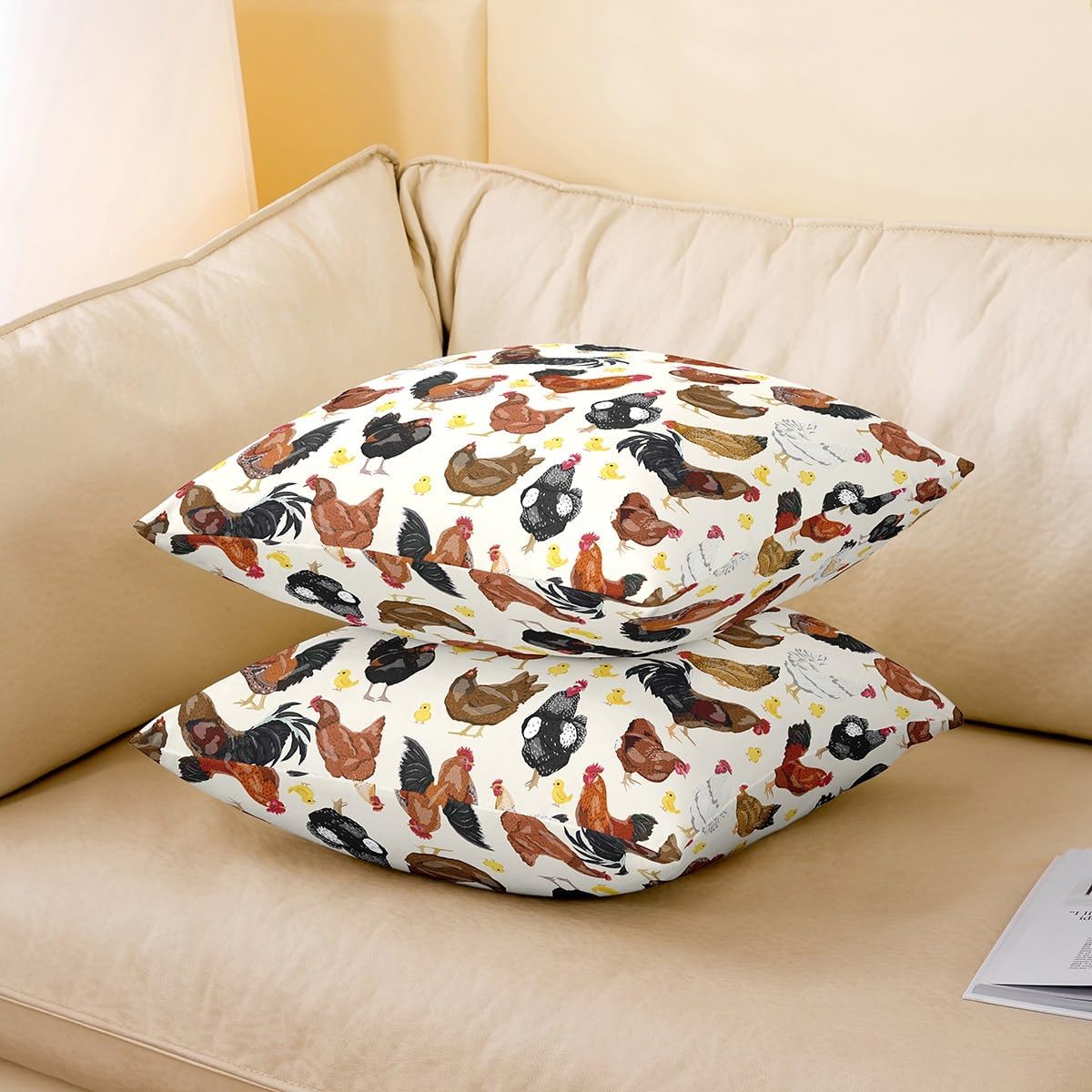 Feelyou Chicken Pillow Covers Home Decor Cute Chicken Pattern Reversible Throw Pillow Covers for 3D Animals Theme Square Cushion Covers Set of 2 24 x 24-Inch