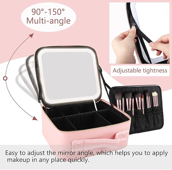 Travel Makeup Bag with Led Light Mirror Large Capacity, Pink