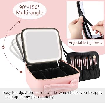Travel Makeup Bag with Led Light Mirror Large Capacity, Pink