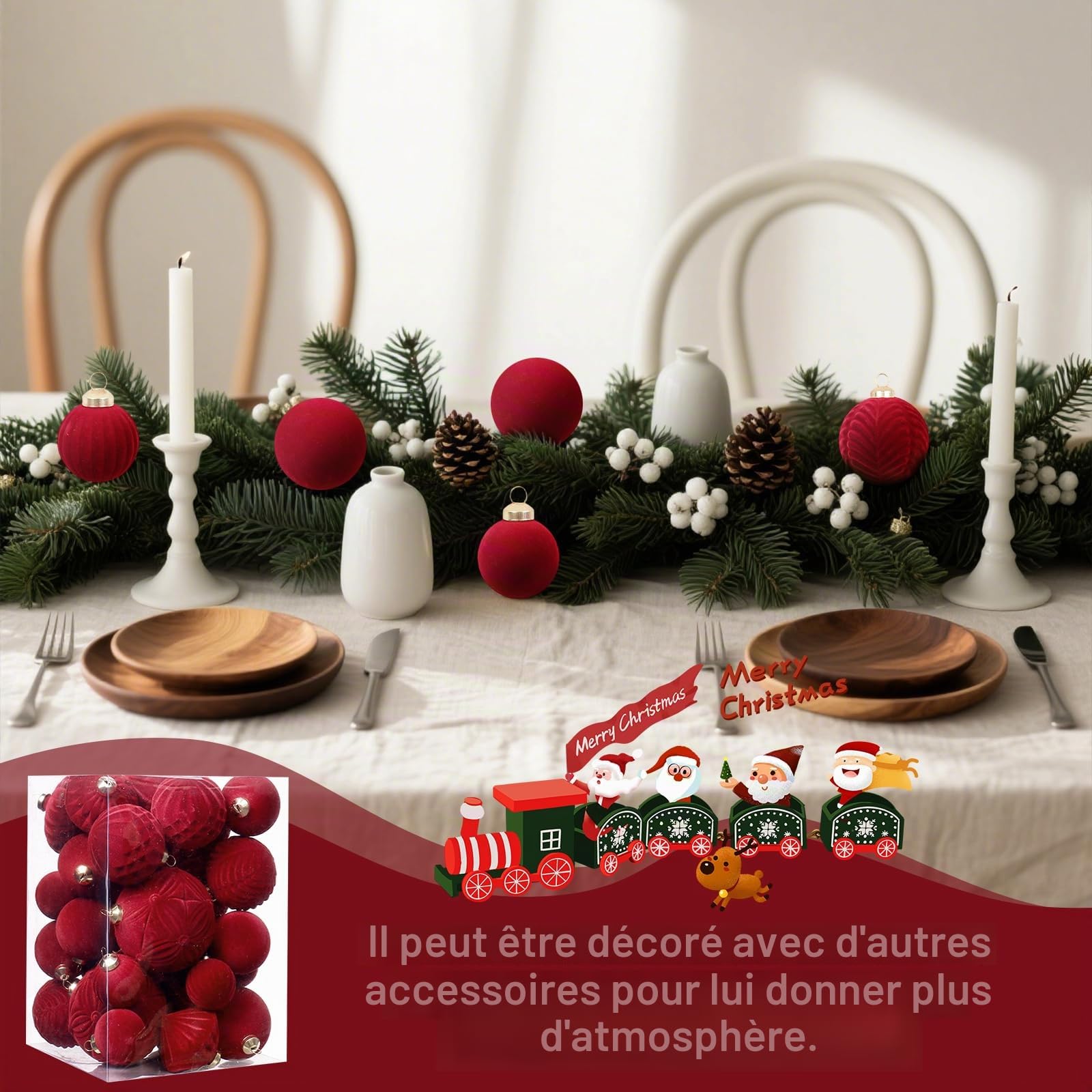 Lot de 35 boules de Noël en velours incassable floqué - Boules décoratives à suspendre pour sapin de Noël, fête, vacances, décoration