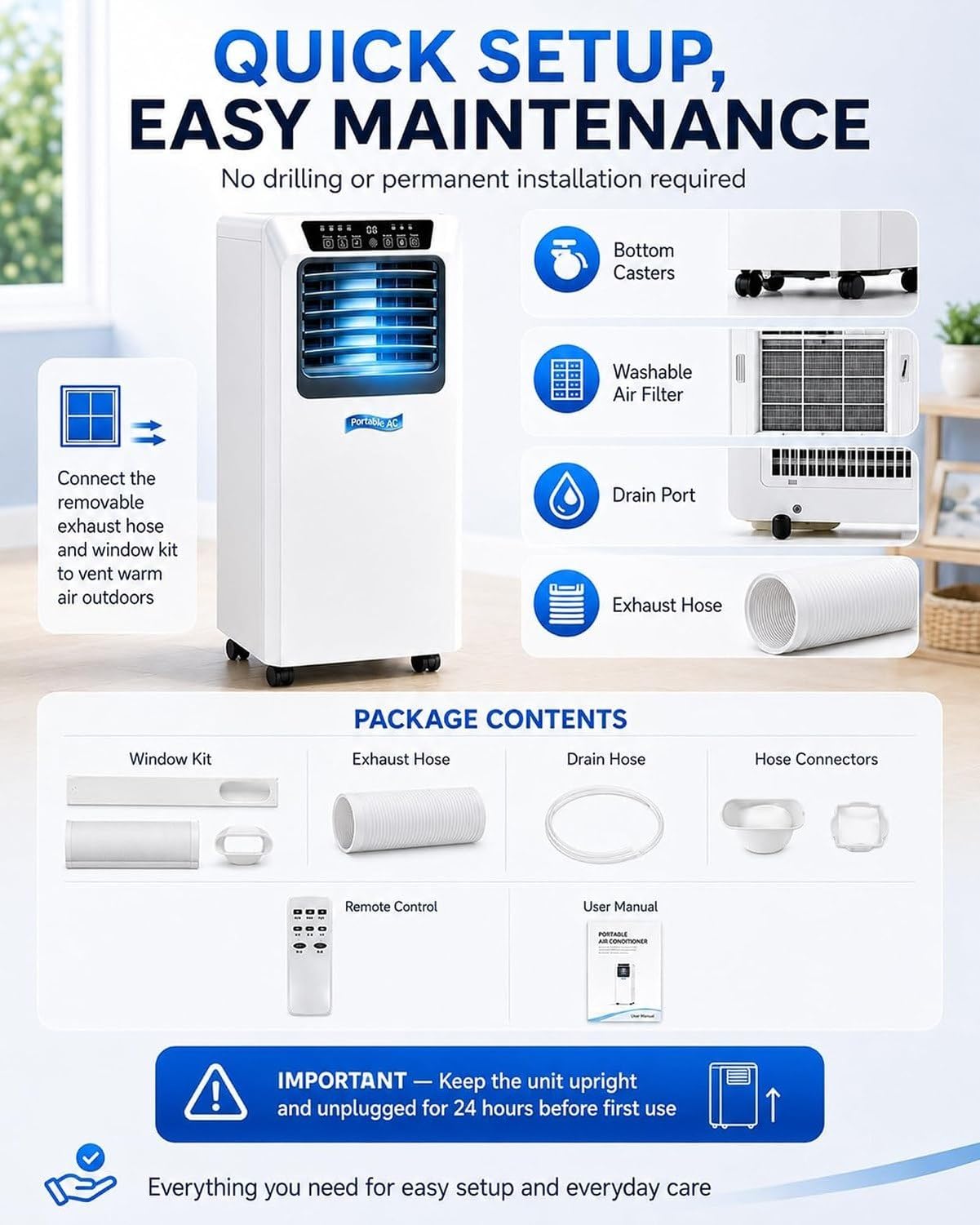 Condizionatore Portatile 7000/9000 BTU con Timer 24H e modalità Notte, 7000BTU, 7000BTU