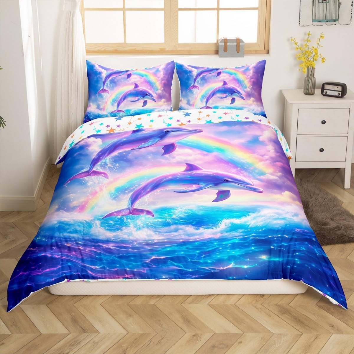 Erosebridal Toddler Cartoon Dolphin Duvet Cover,Rainbow Dolphins Bedding Set for Kids Boys Girls,Neon Sea Bed Sets,Tropical Fish Quilt Cover with 1 Pillowcase Ultra Soft