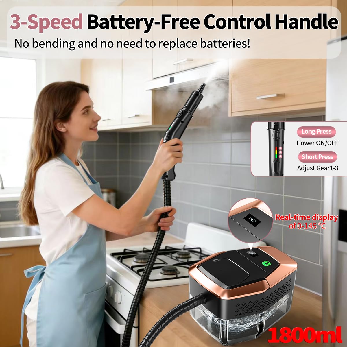 Limpiador de vapor para el hogar y el automóvil, vaporizador ajustable de 3 niveles para limpieza con pantalla de temperatura, calor rápido de 15 segundos, tanque grande de 1.8 L, vapor potente de 4