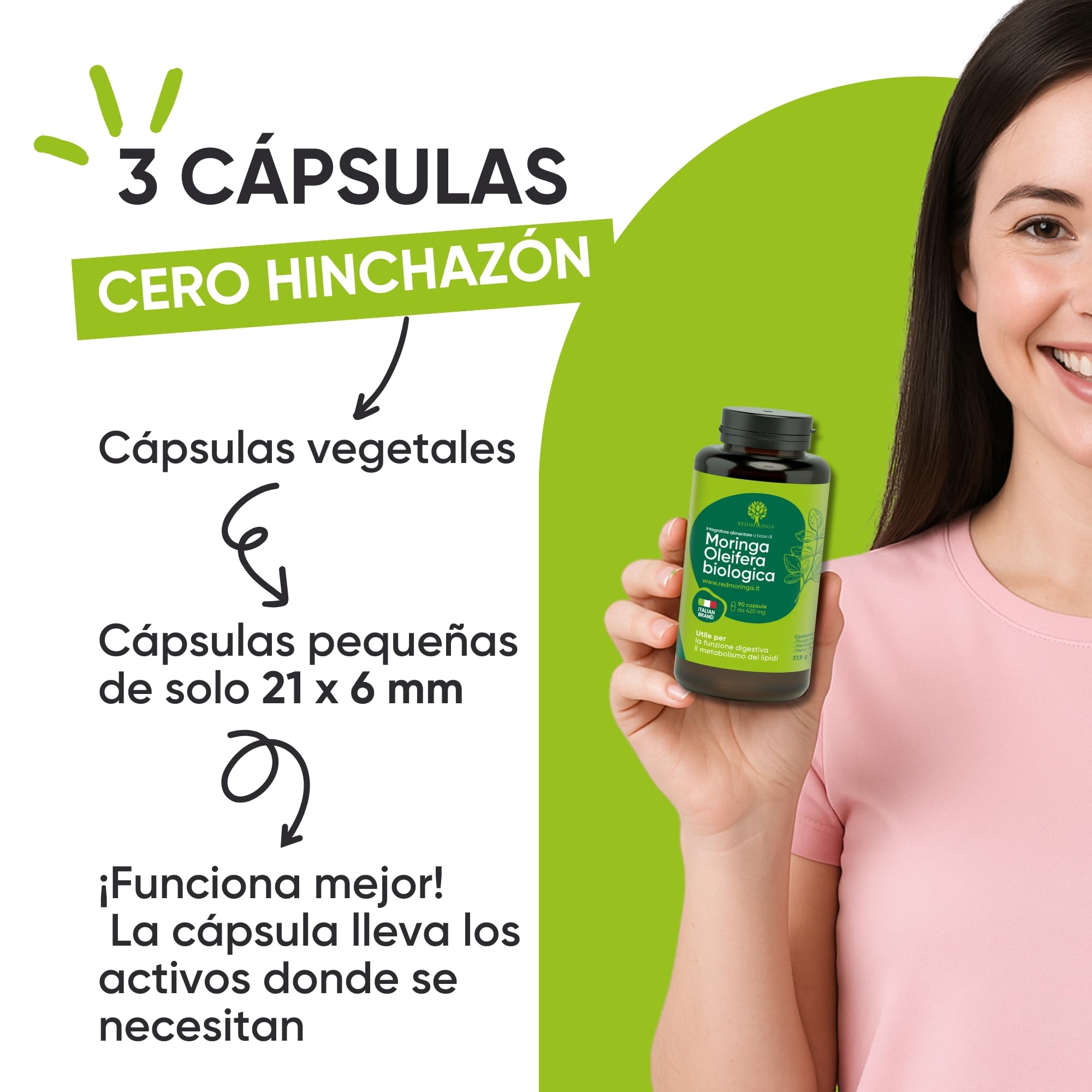 RedMoringa Moringa Oleifera Bio | Moringa Cápsulas Pura 100% Natural | Cápsulas Vegetales | Superalimento para Digestión y Metabolismo de Grasas | 270 Cápsulas Made in Italy