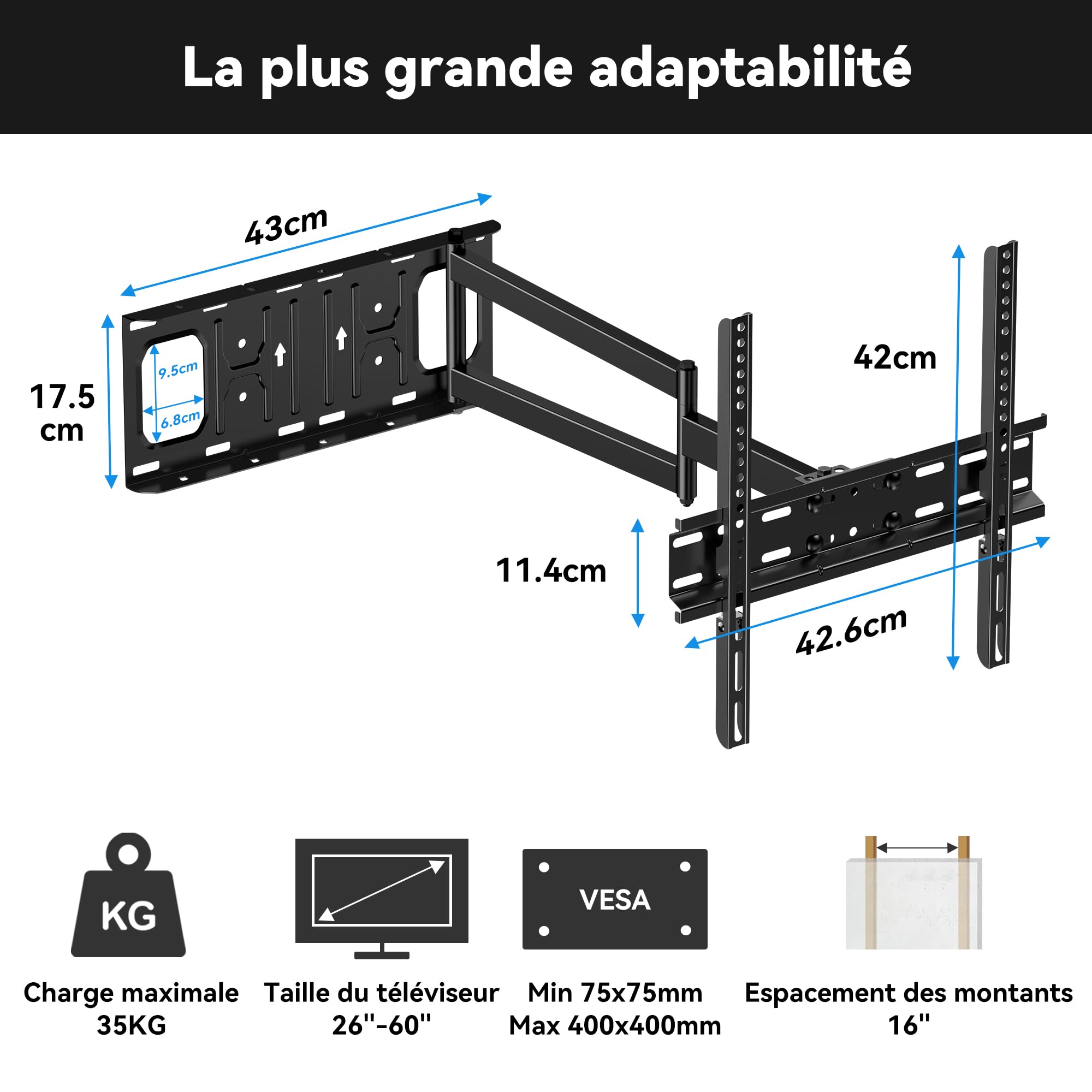 FORGING MOUNT Support Mural TV Longue Portée avec Extension de 650mm, Fixation TV Murale Inclinable et Orientable Support TV Mural Pivotant pour Écrans 26-60 Pouces jusqu'à 35kg, Max VESA 400x400mm